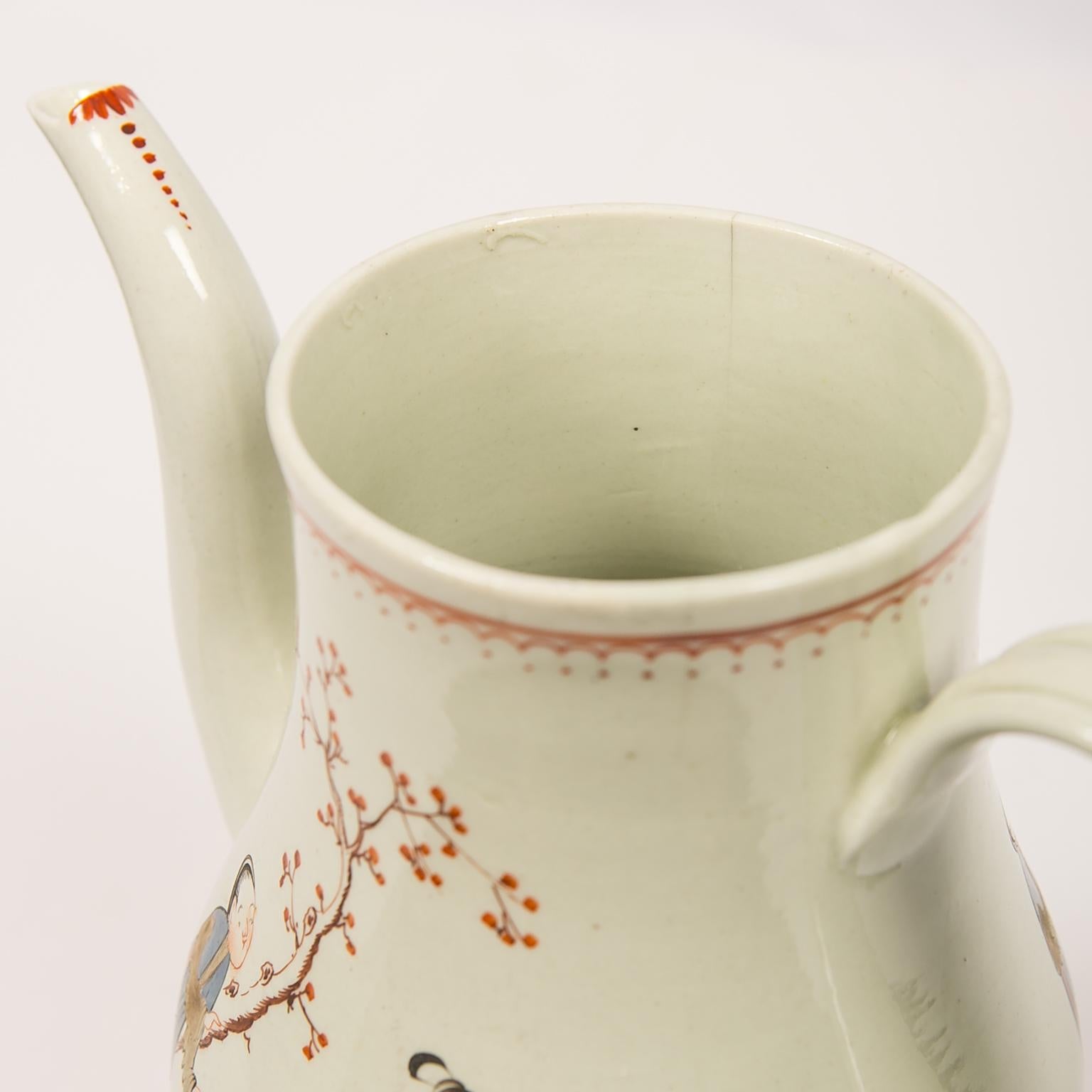  18th Century English Porcelain Coffee Pot Hand-Painted Liverpool  Circa 1785 In Good Condition In Katonah, NY