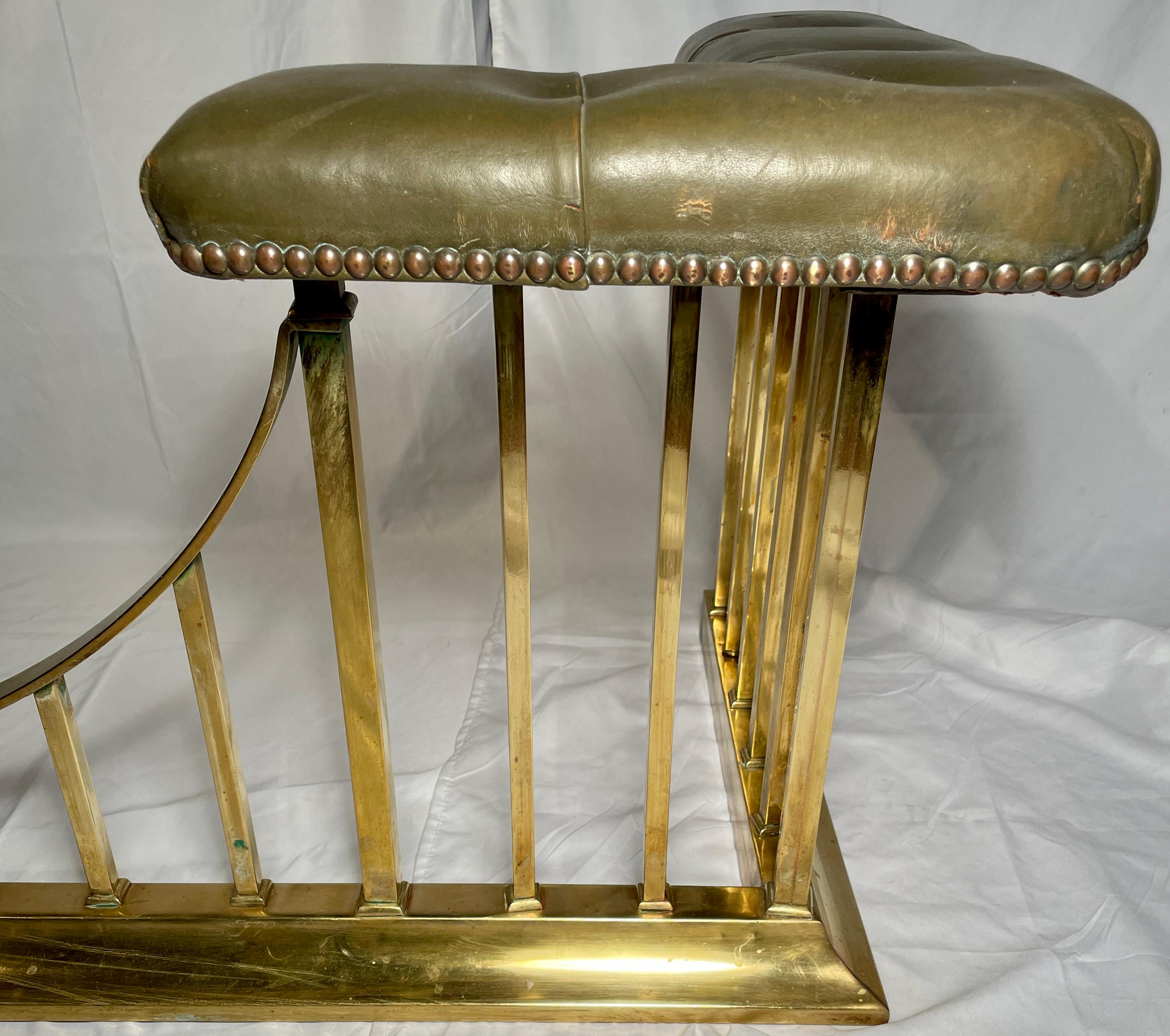 Victorian Antique English Solid Brass Fire Fender with Leather Club Seats, Circa 1890.