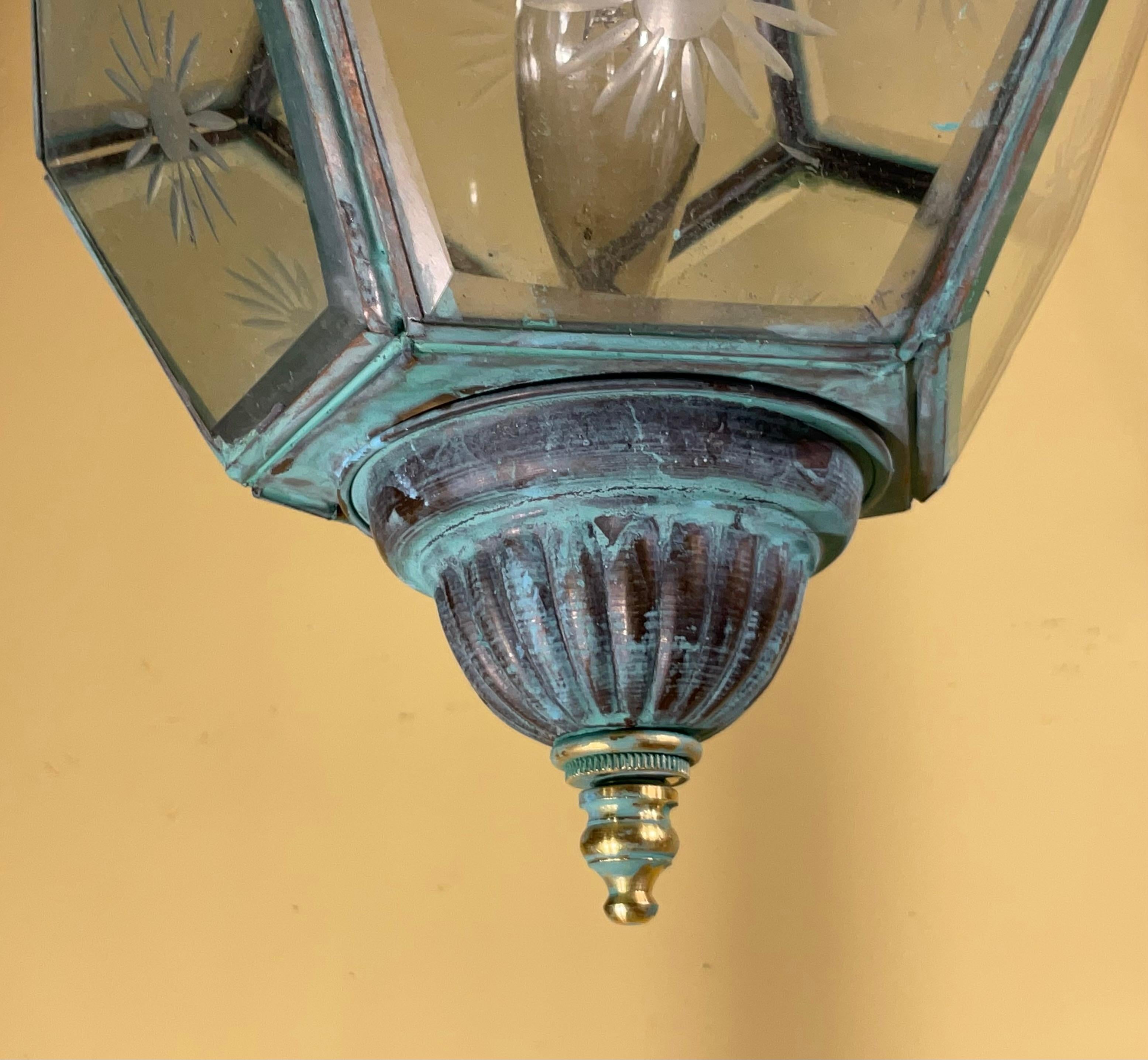 Antique English Solid Brass & Glass Starburst Hanging Lantern - Pendant For Sale 4