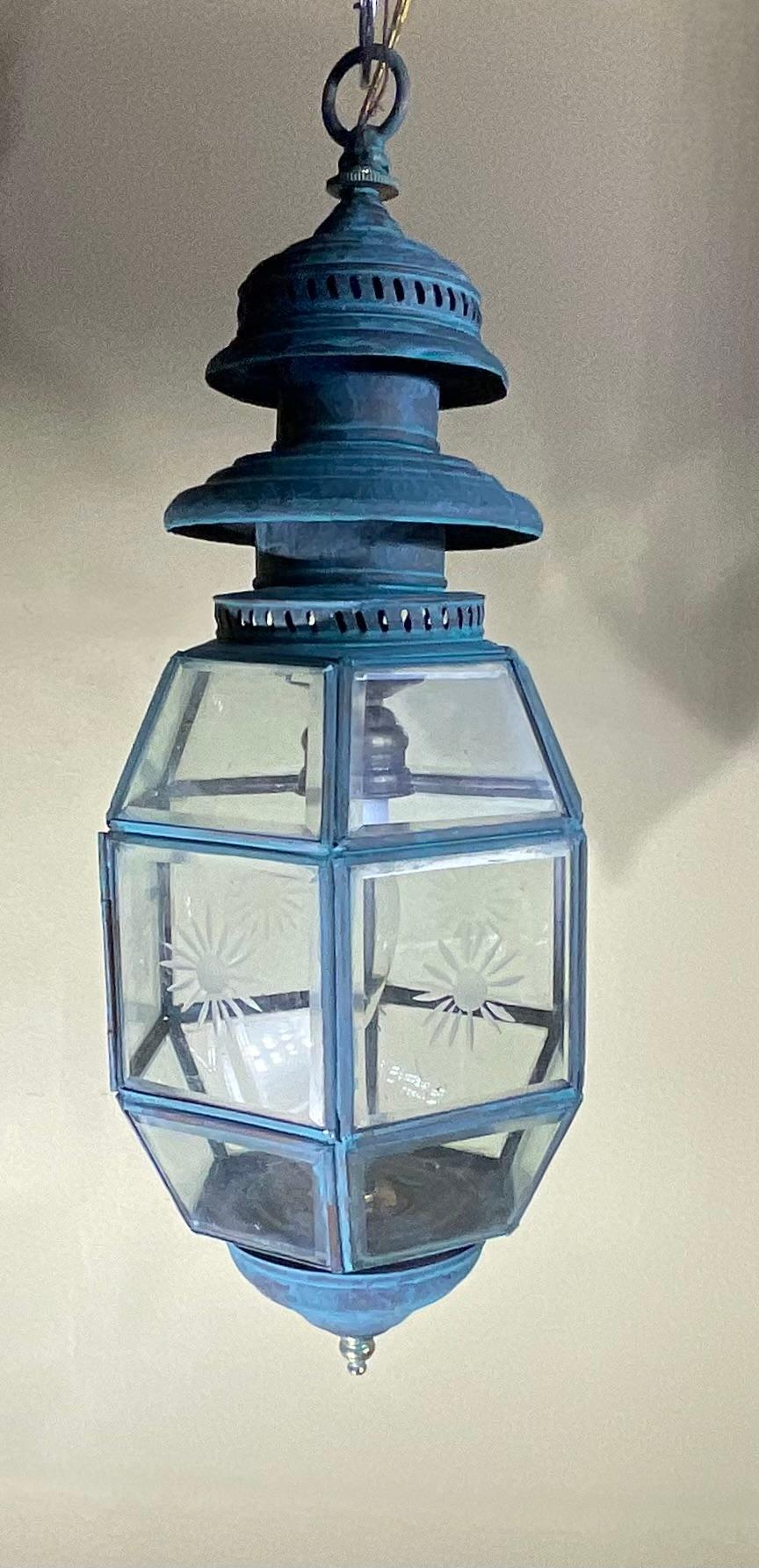 Antique English Solid Brass & Glass Starburst Hanging Lantern - Pendant For Sale 6