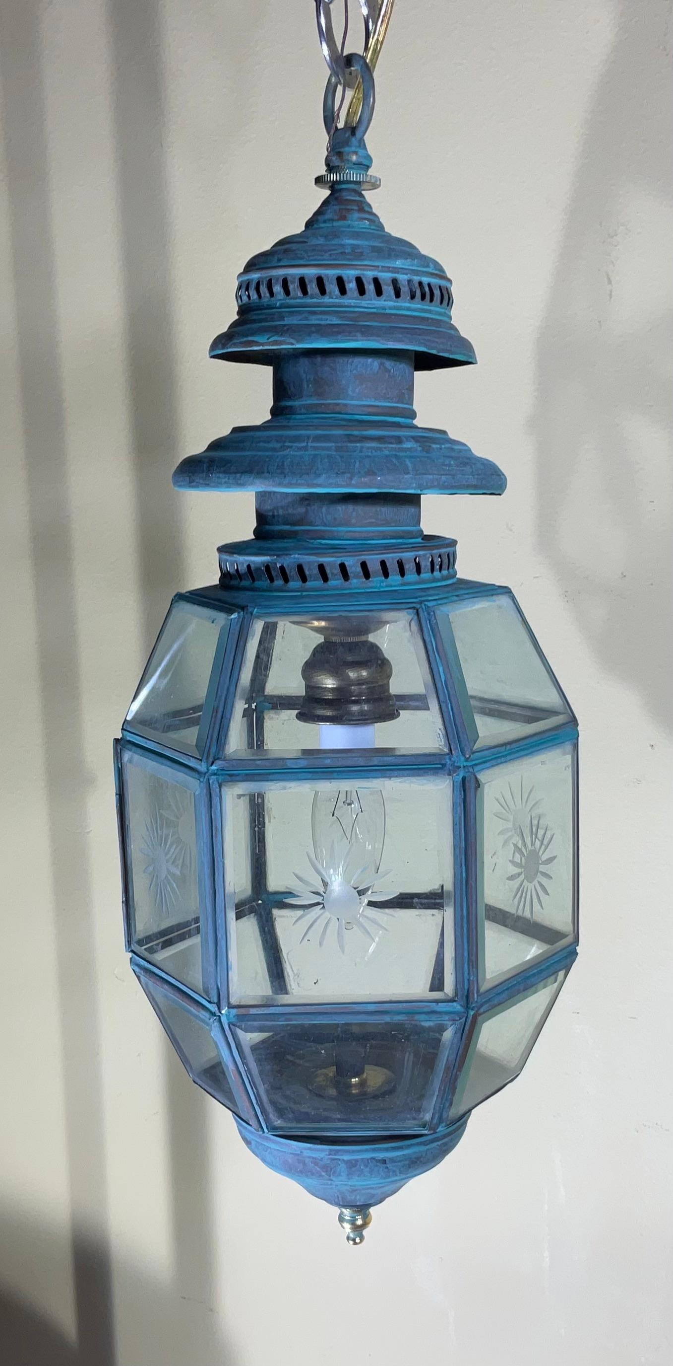 Antique English Solid Brass & Glass Starburst Hanging Lantern - Pendant For Sale 7