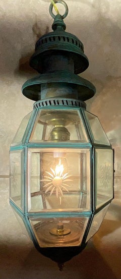 Antique English Solid Brass & Glass Starburst Hanging Lantern - Pendant
