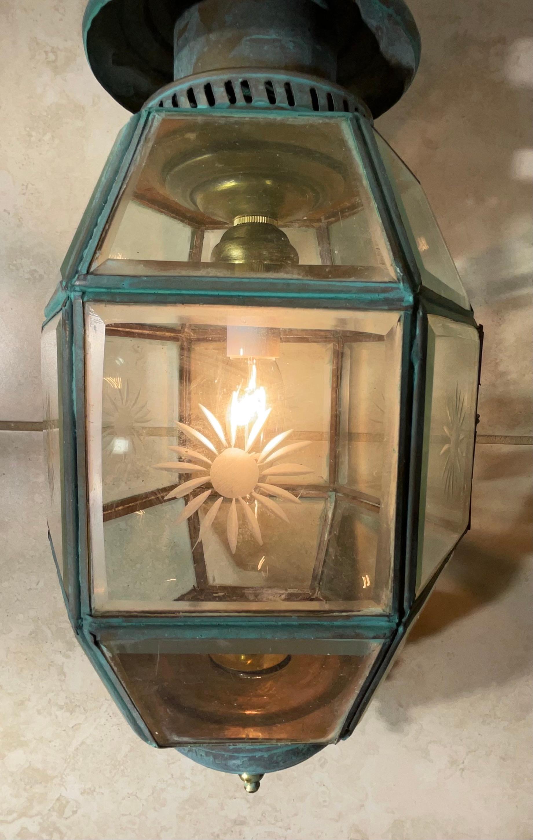 European Antique English Solid Brass & Glass Starburst Hanging Lantern - Pendant For Sale