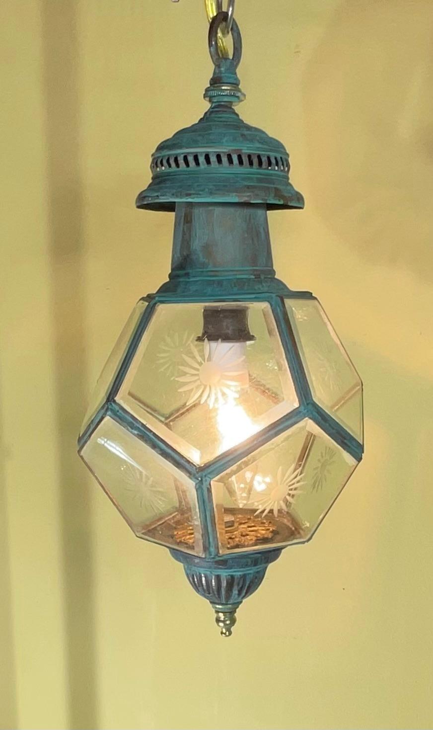European Antique English Solid Brass & Glass Starburst Hanging Lantern - Pendant For Sale