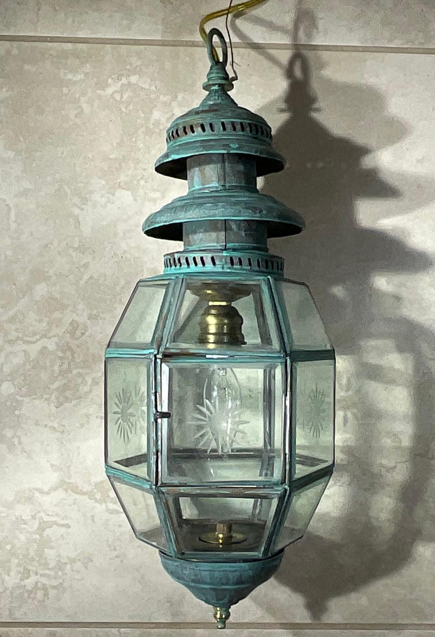 20th Century Antique English Solid Brass & Glass Starburst Hanging Lantern - Pendant For Sale