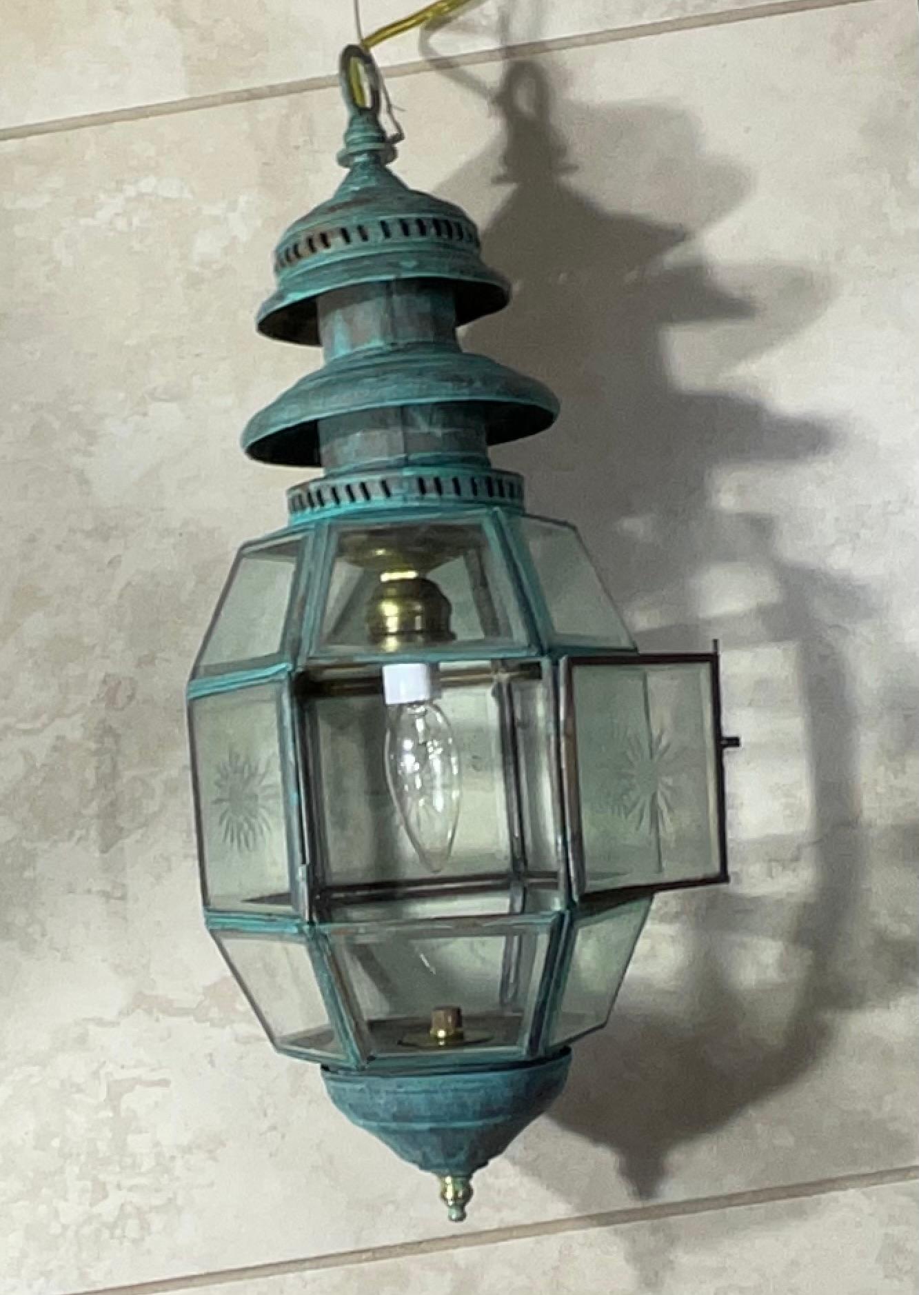 Antique English Solid Brass & Glass Starburst Hanging Lantern - Pendant For Sale 1