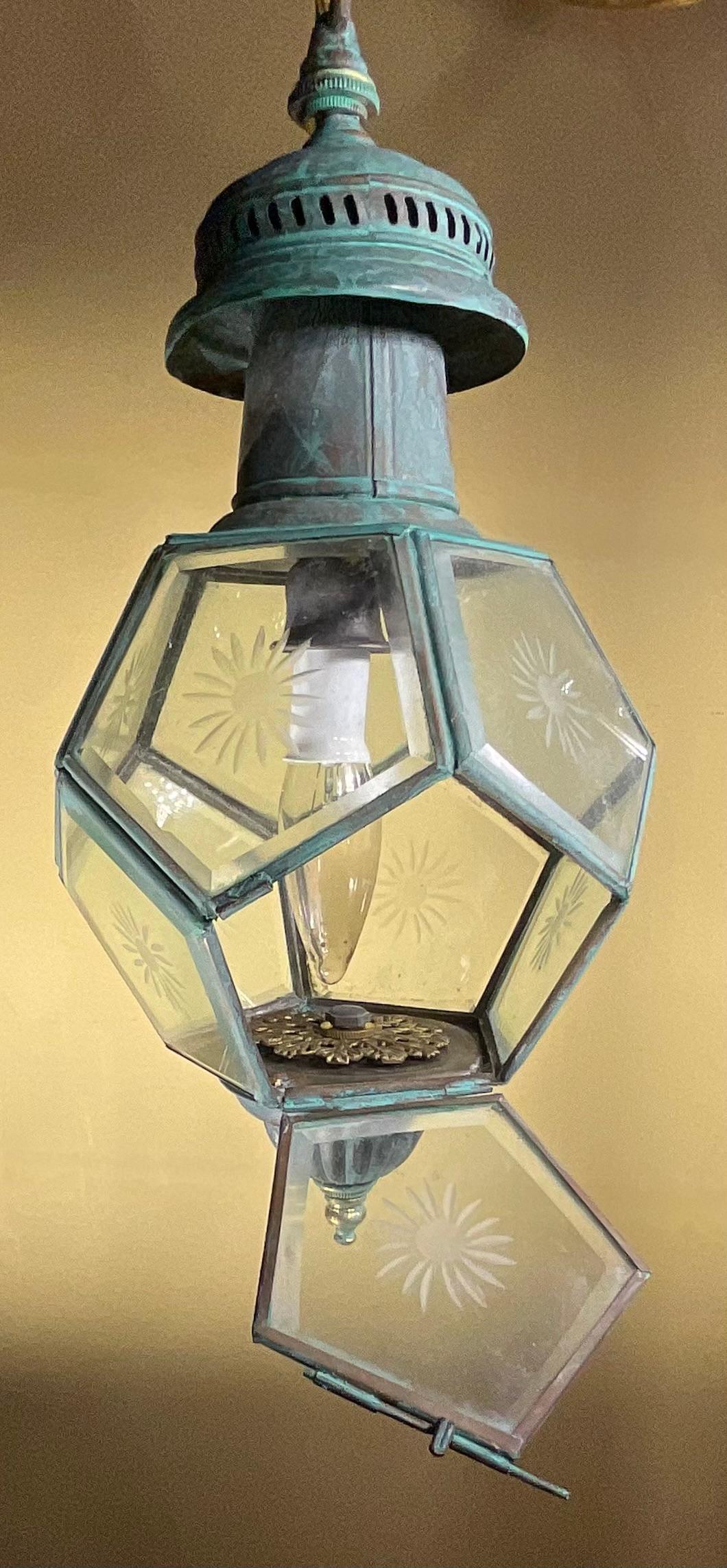 Antique English Solid Brass & Glass Starburst Hanging Lantern - Pendant For Sale 1