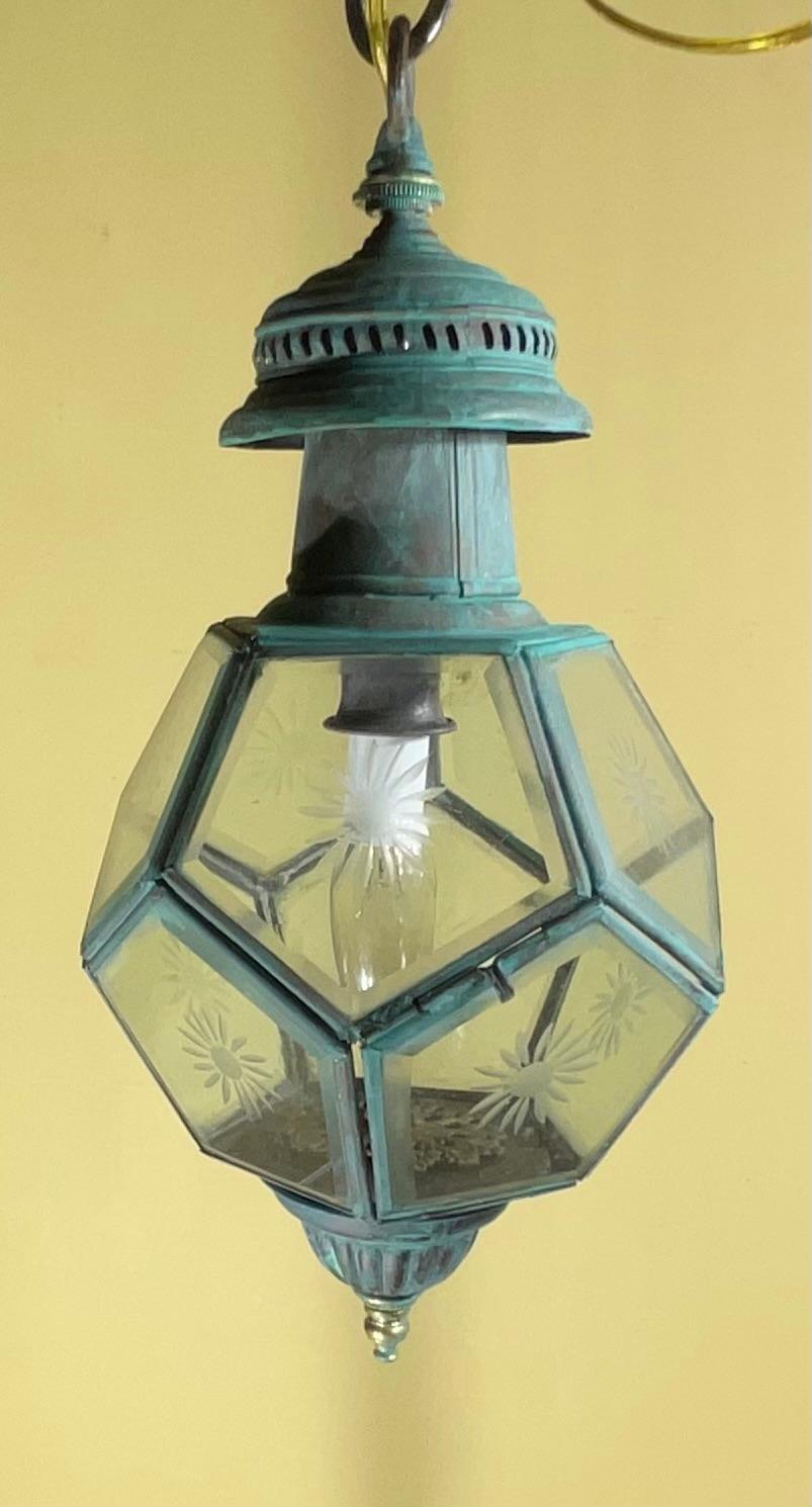 Antique English Solid Brass & Glass Starburst Hanging Lantern - Pendant For Sale 2