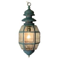 Antique English Solid Brass & Glass Starburst Hanging Lantern - Pendant