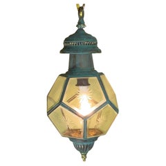 Antique English Solid Brass & Glass Starburst Hanging Lantern - Pendant