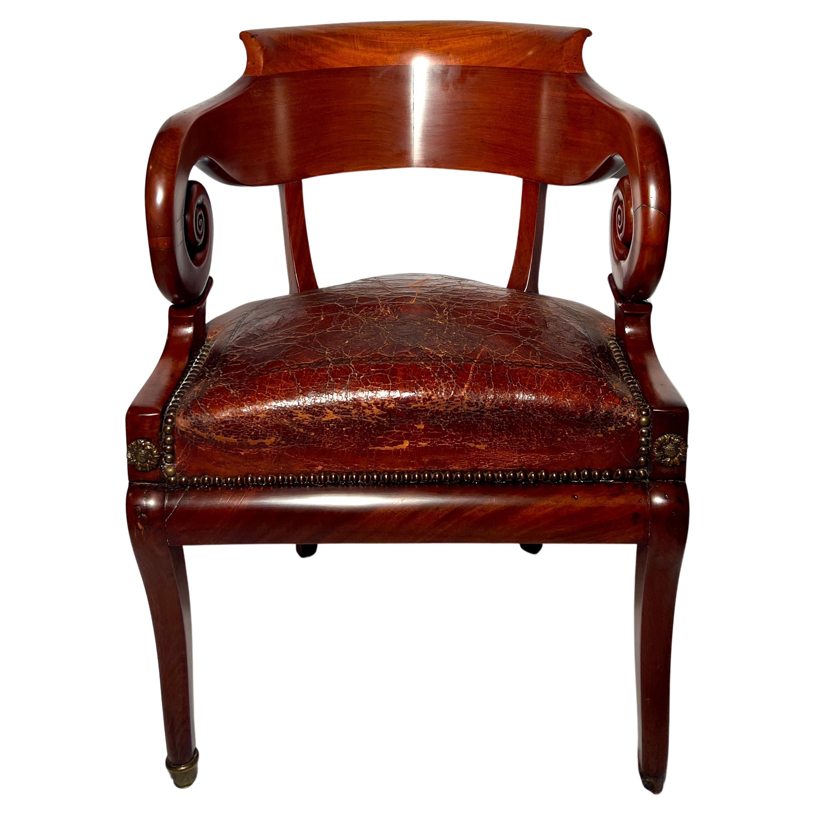Antique English Solid Mahogany and Leather Desk Chair, Circa 1820. For Sale 1
