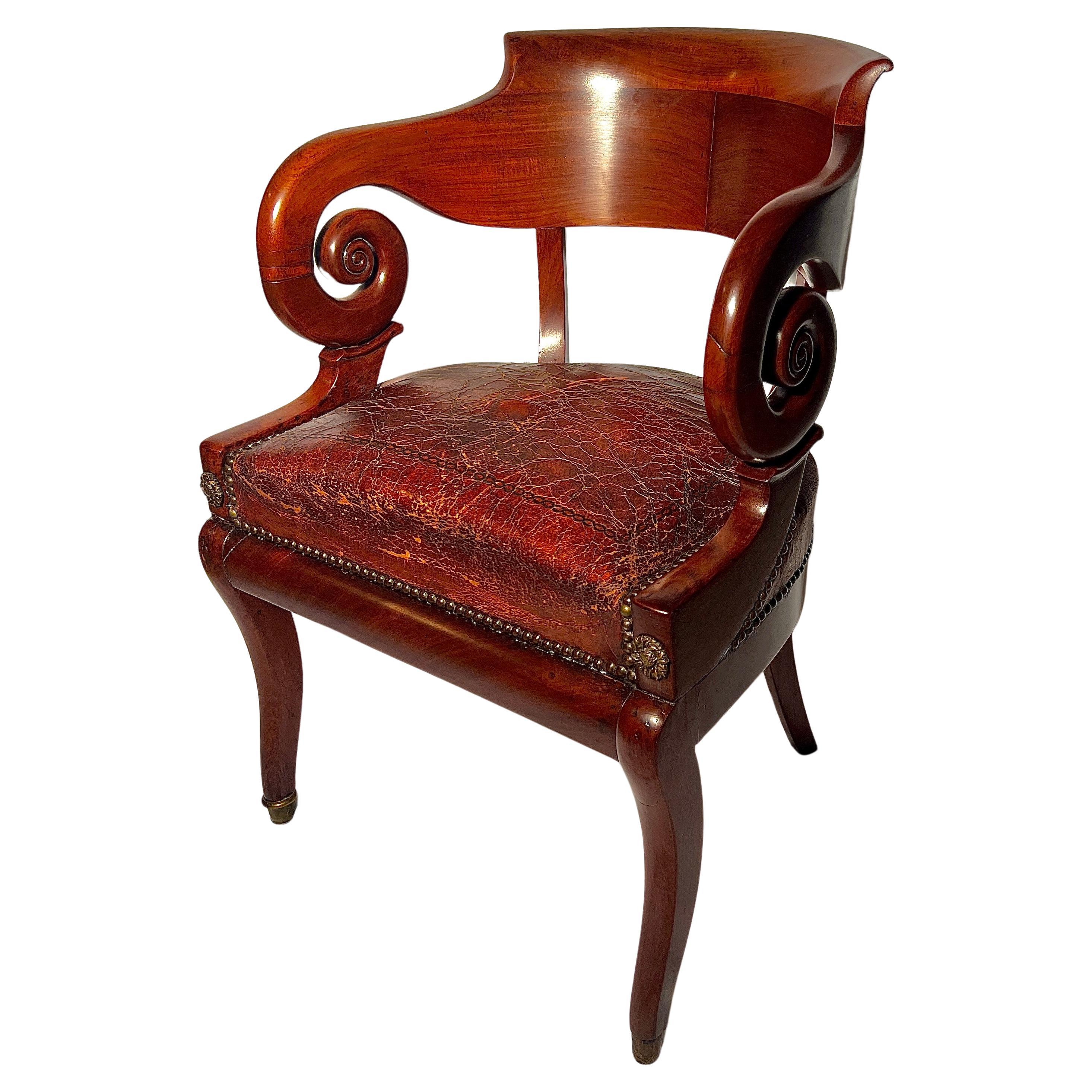 Antique English Solid Mahogany and Leather Desk Chair, Circa 1820. For Sale