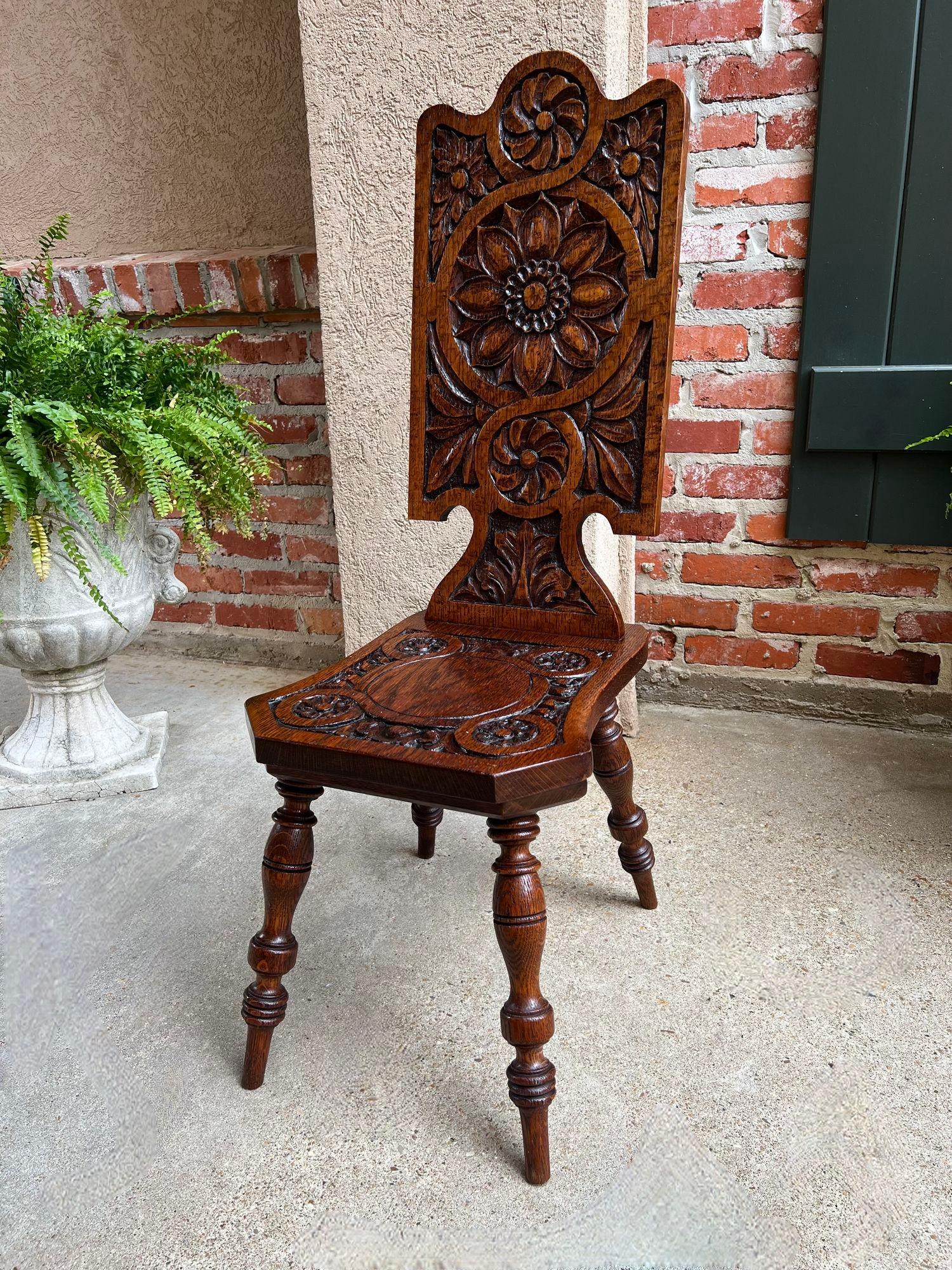 Antique English Spinning Wheel Chair Carved Oak Hall Fireplace Hearth Chair For Sale 7
