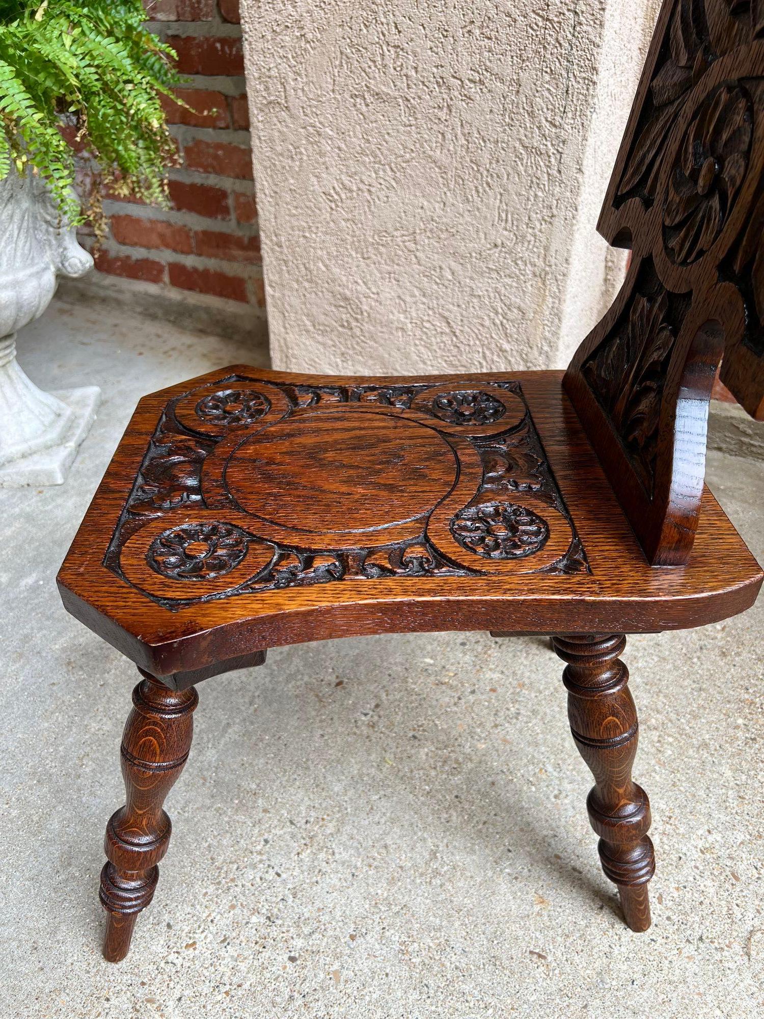 Antique English Spinning Wheel Chair Carved Oak Hall Fireplace Hearth Chair For Sale 10