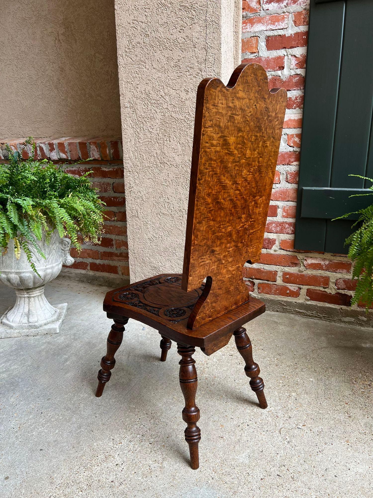 Antique English Spinning Wheel Chair Carved Oak Hall Fireplace Hearth Chair For Sale 13