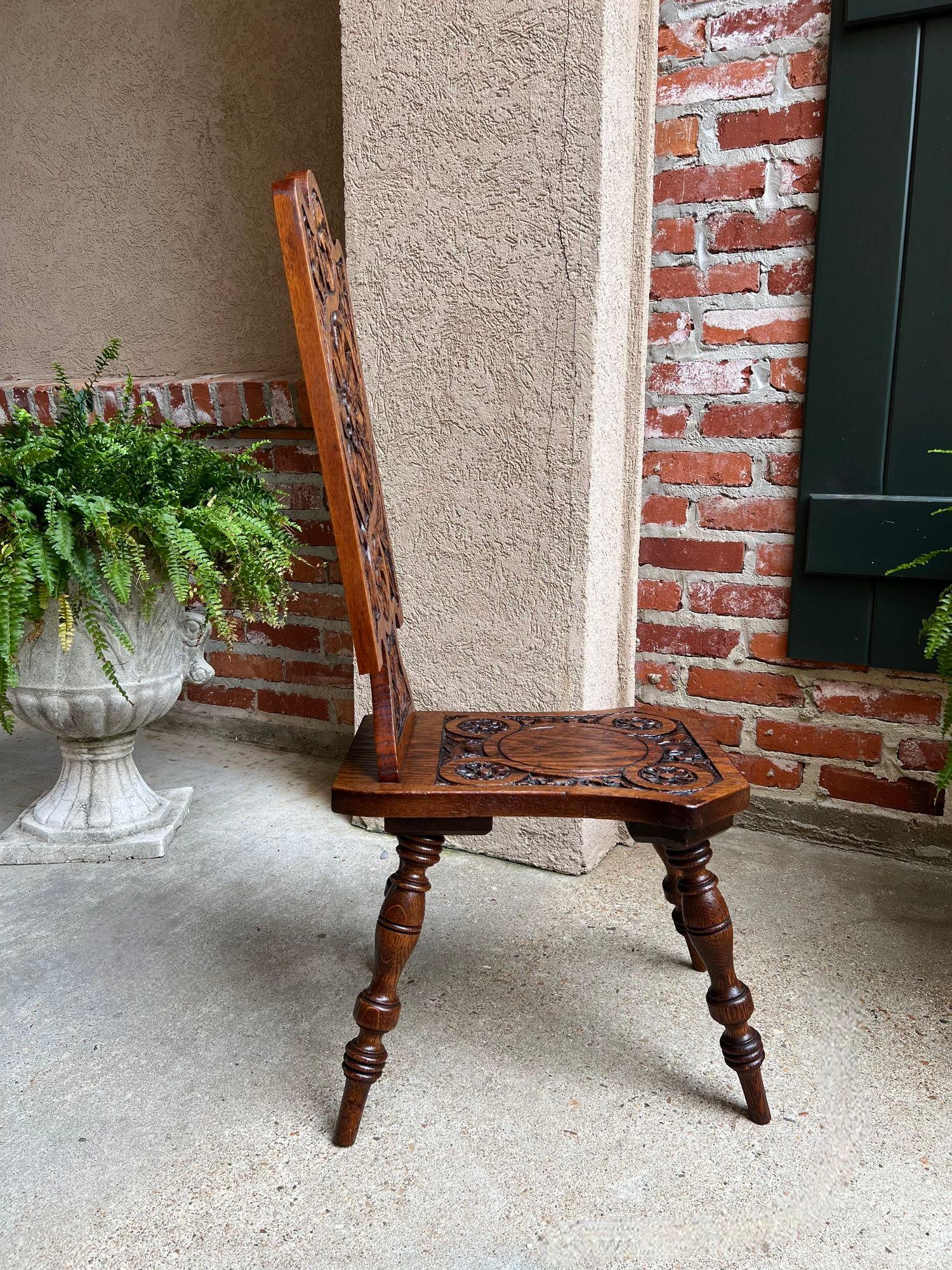 Antique English Spinning Wheel Chair Carved Oak Hall Fireplace Hearth Chair For Sale 3