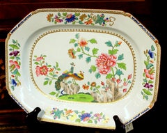 Antique English Spode Earthenware Hand Painted "Peacock and Peony" Large Platter