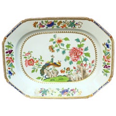Antique English Spode Earthenware Hand Painted "Peacock and Peony" Large Platter