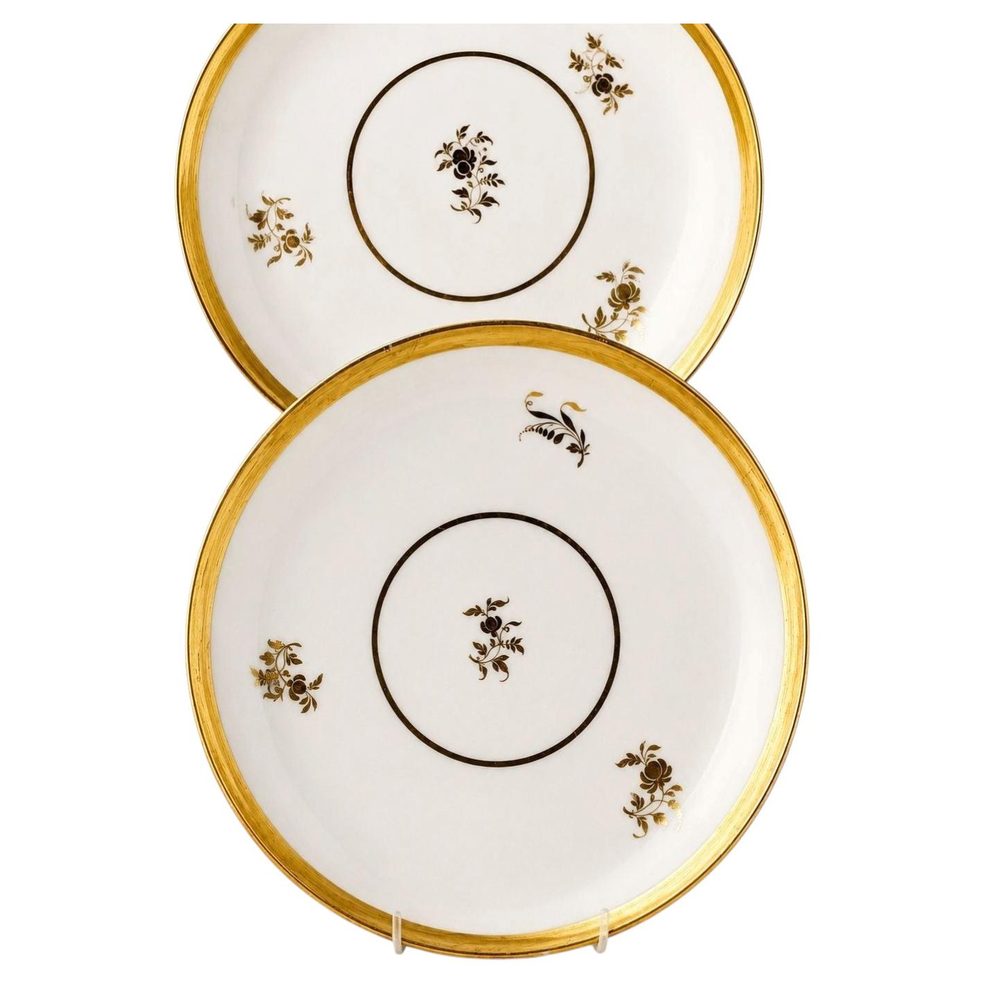 Platos antiguos de porcelana inglesa de la marca Spode con motivos vegetales dorados, de alrededor de 1820