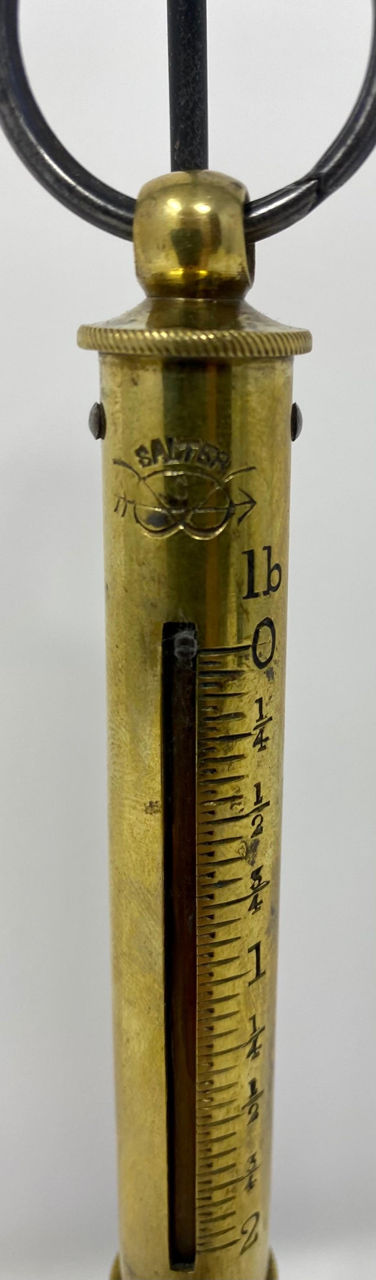 Antique English Spring Balance Scale Made by Salter 100 Years Old, Custom Stand In Good Condition For Sale In New Orleans, LA