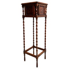 Antique English Square Plant Stand Barley Twist Tiger Oak Jardiniere Display