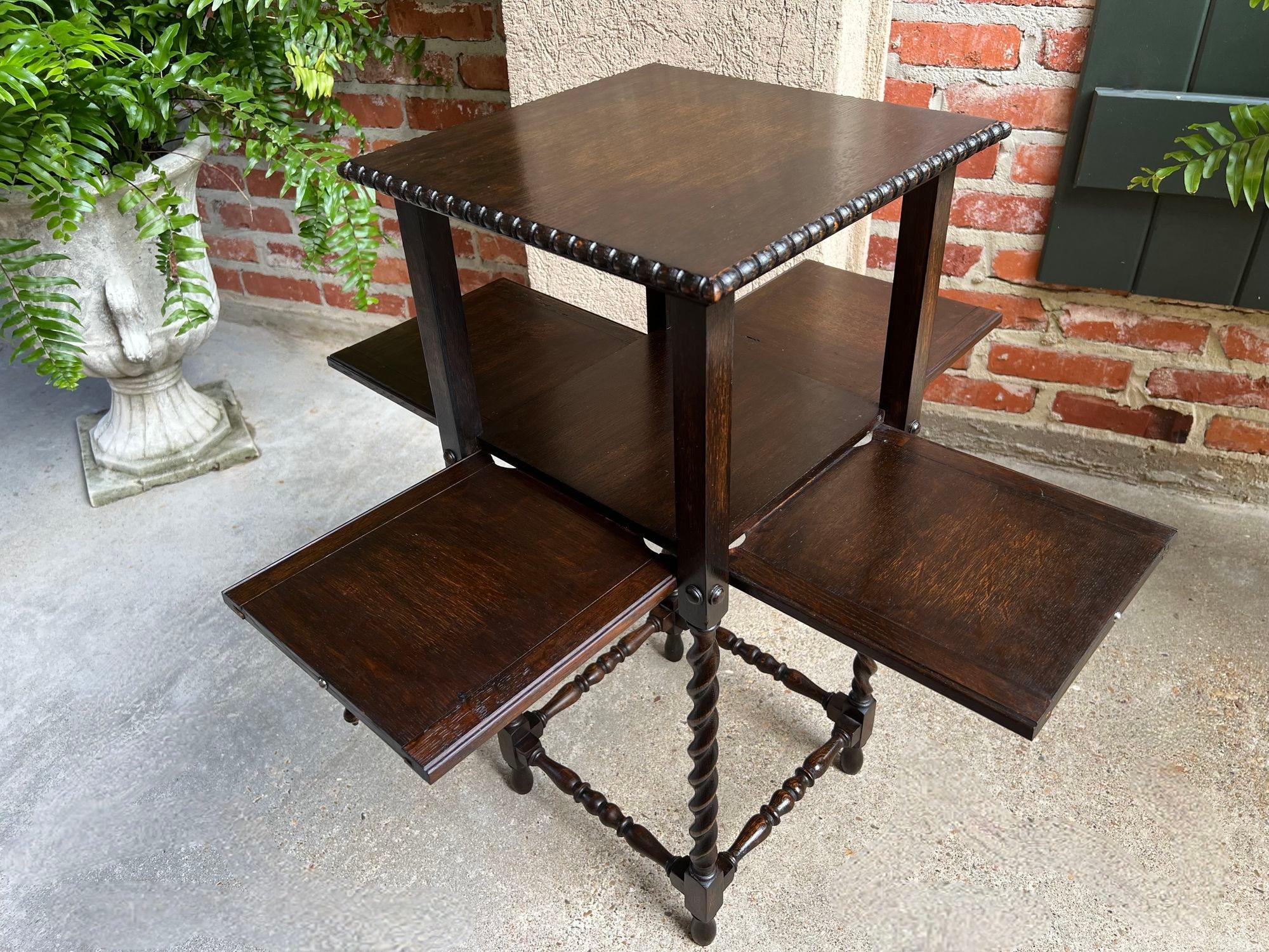 Antique English Square Table Plant Stand Jacobean BARLEY TWIST Cabinet Dark Oak 3