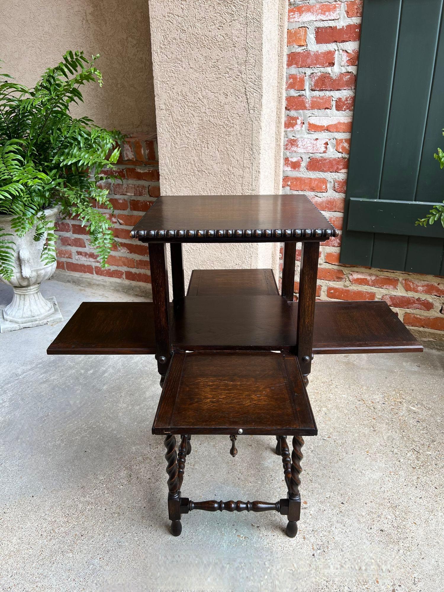 Antique English Square Table Plant Stand Jacobean BARLEY TWIST Cabinet Dark Oak 6