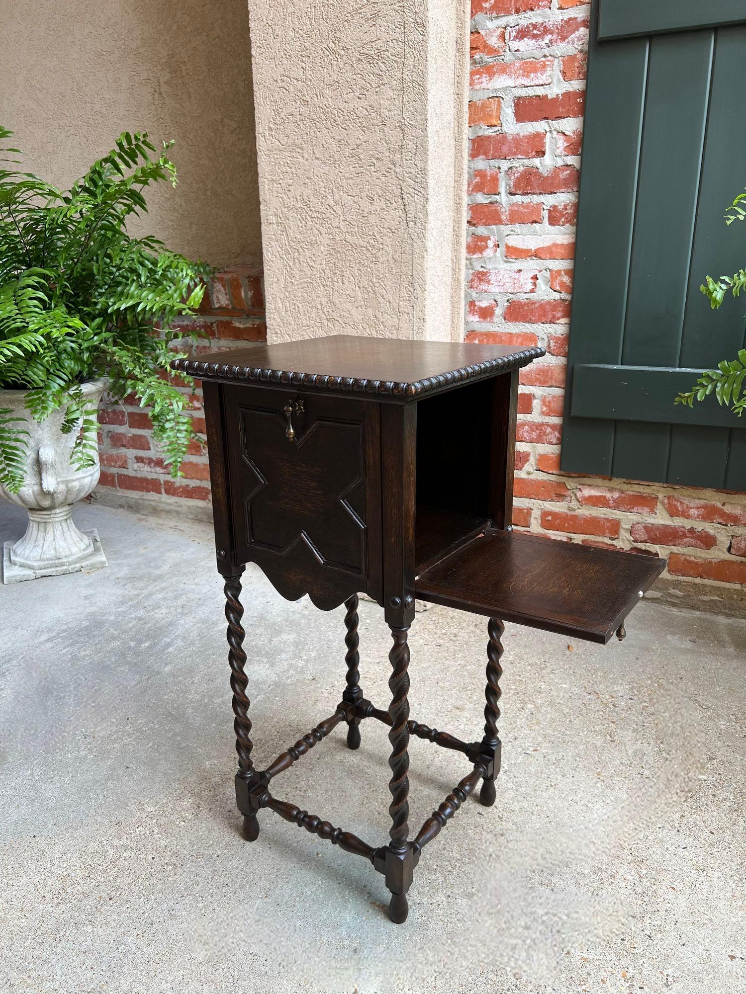 Antique English Square Table Plant Stand Jacobean BARLEY TWIST Cabinet Dark Oak 7