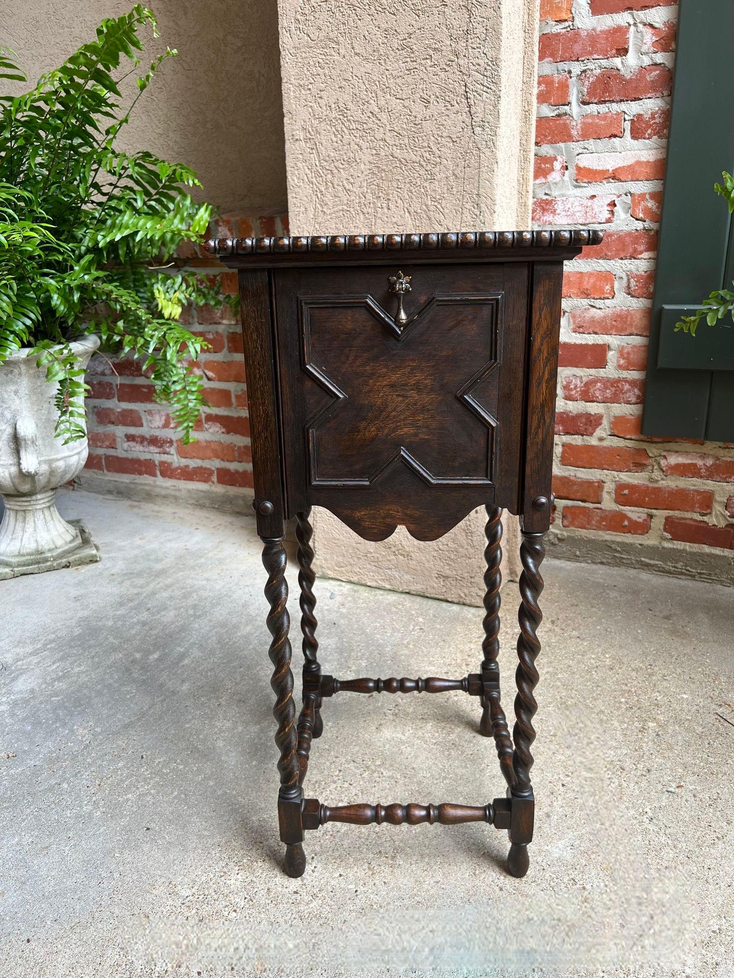 Antique English Square Table Plant Stand Jacobean BARLEY TWIST Cabinet Dark Oak 8