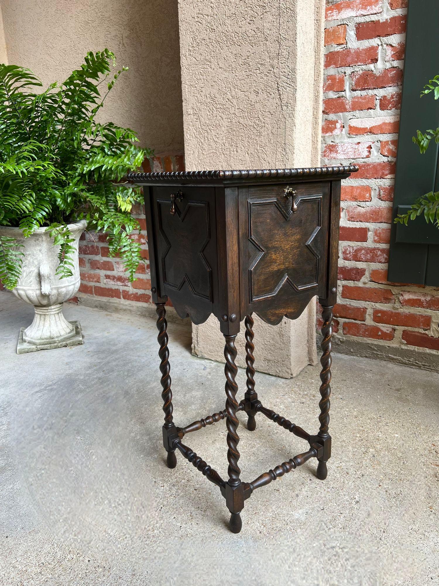 Antique English Square Table Plant Stand Jacobean BARLEY TWIST Cabinet Dark Oak 10