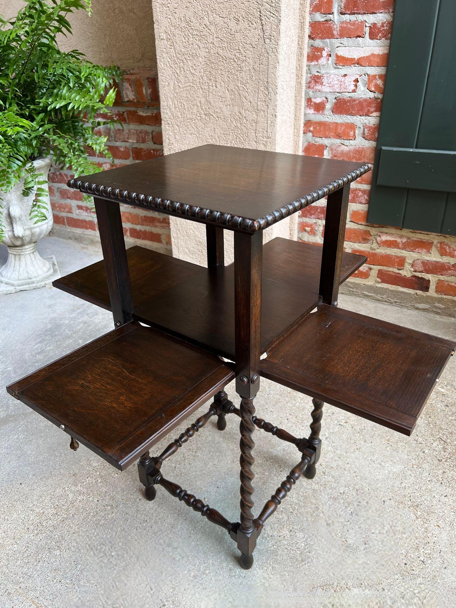 Antique English Square Table Plant Stand Jacobean BARLEY TWIST Cabinet Dark Oak 11