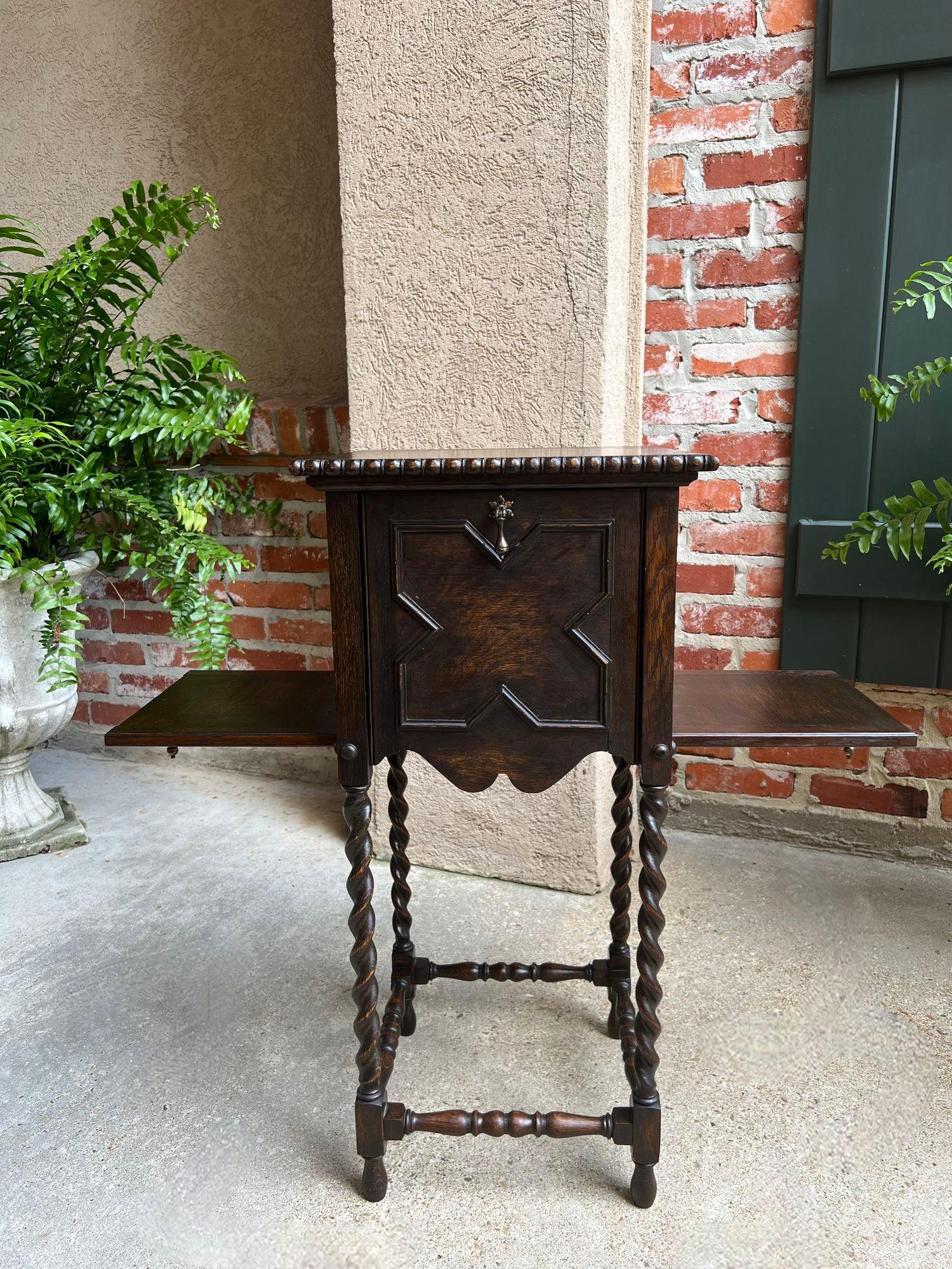 Antique English Square Table Plant Stand Jacobean BARLEY TWIST Cabinet Dark Oak.

Direct from England, a unique antique side table or stand that features all four sides’ ability to ‘drop down’ independently and reveal whatever treasure you keep