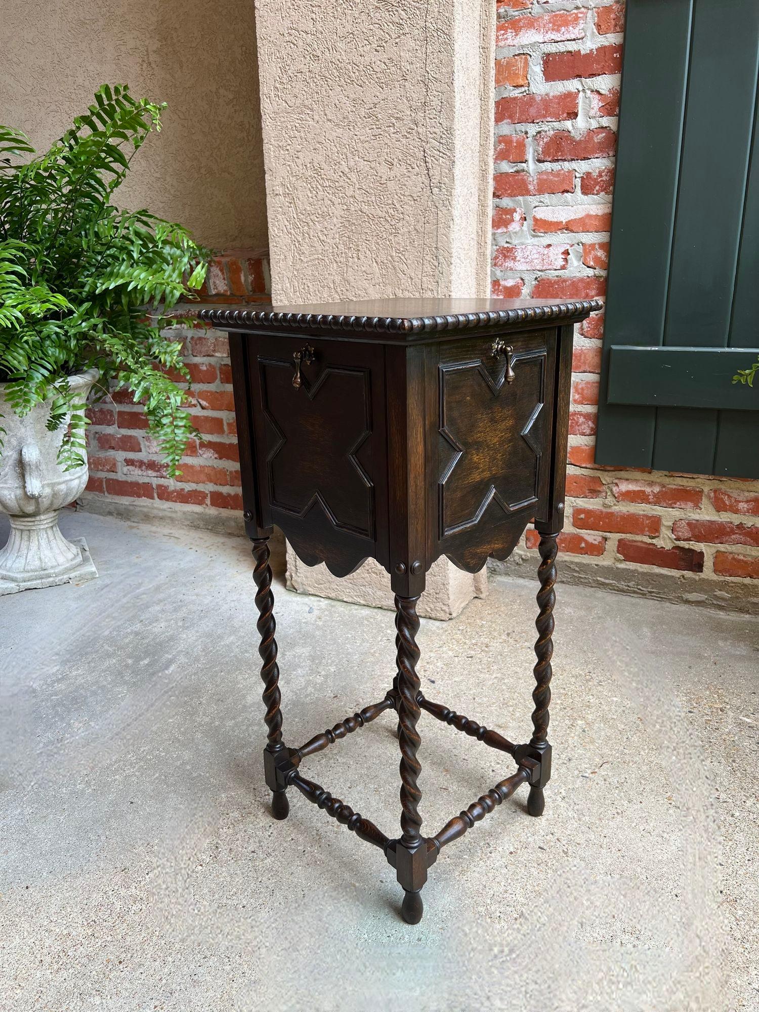 20th Century Antique English Square Table Plant Stand Jacobean BARLEY TWIST Cabinet Dark Oak