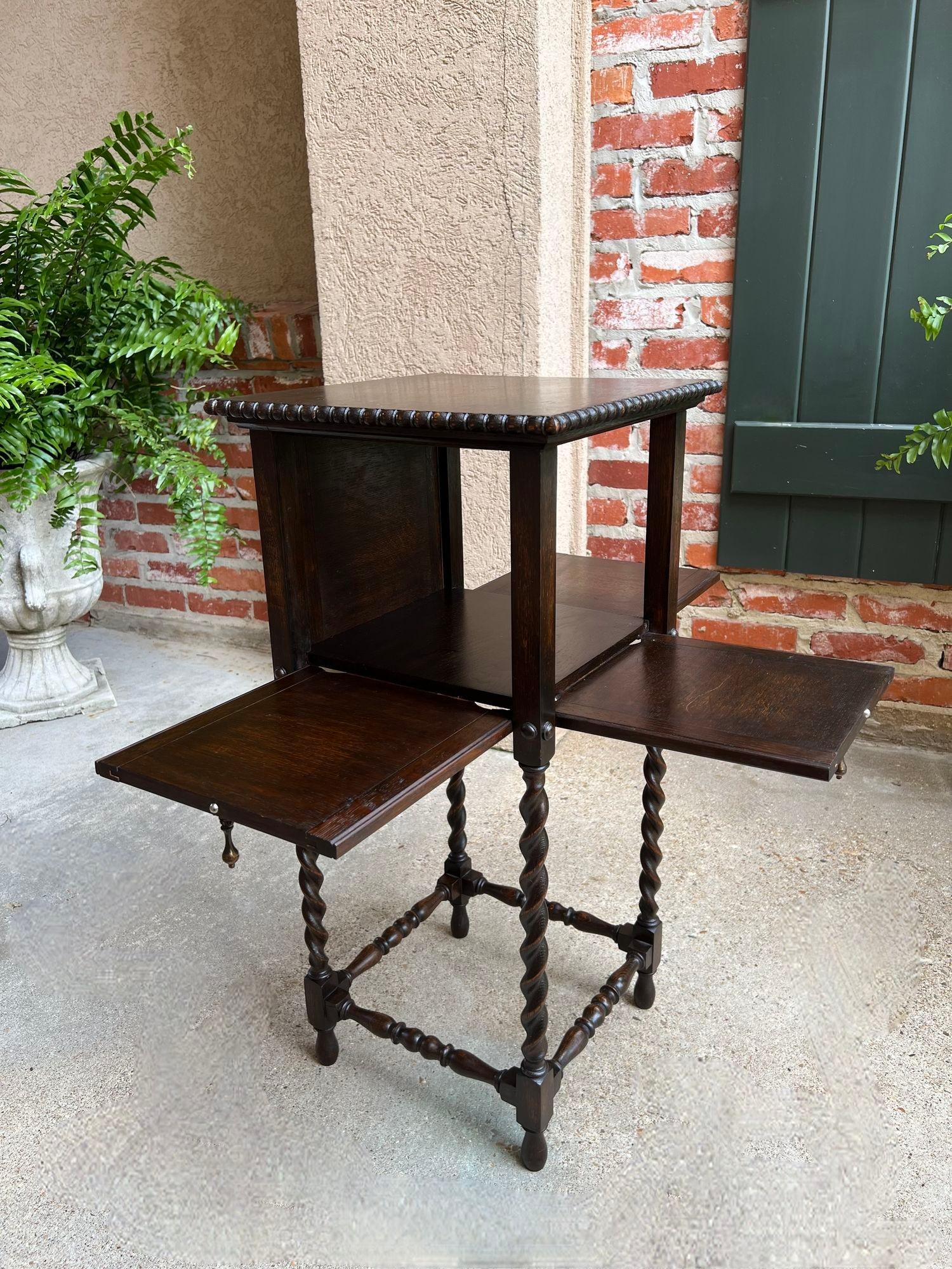 Antique English Square Table Plant Stand Jacobean BARLEY TWIST Cabinet Dark Oak 2