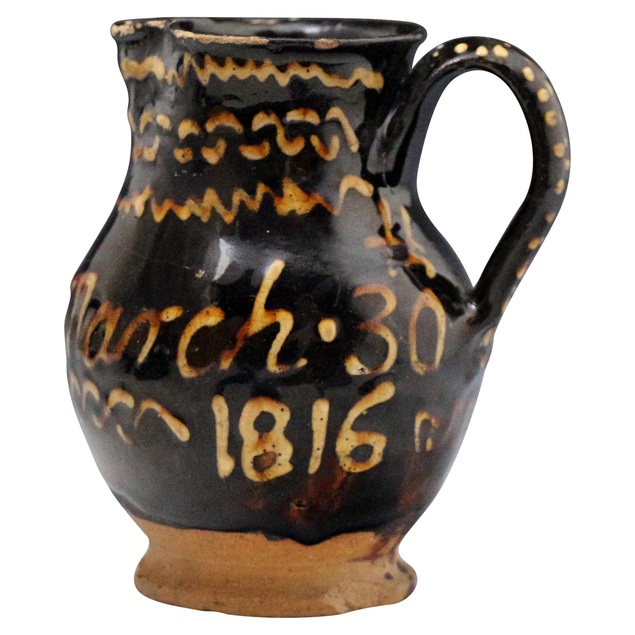 Antique English Staffordshire Earthenware Slip Decorated Pitcher Initialed, 1816 For Sale