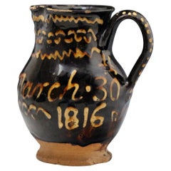 Antique English Staffordshire Earthenware Slip Decorated Pitcher Initialed, 1816