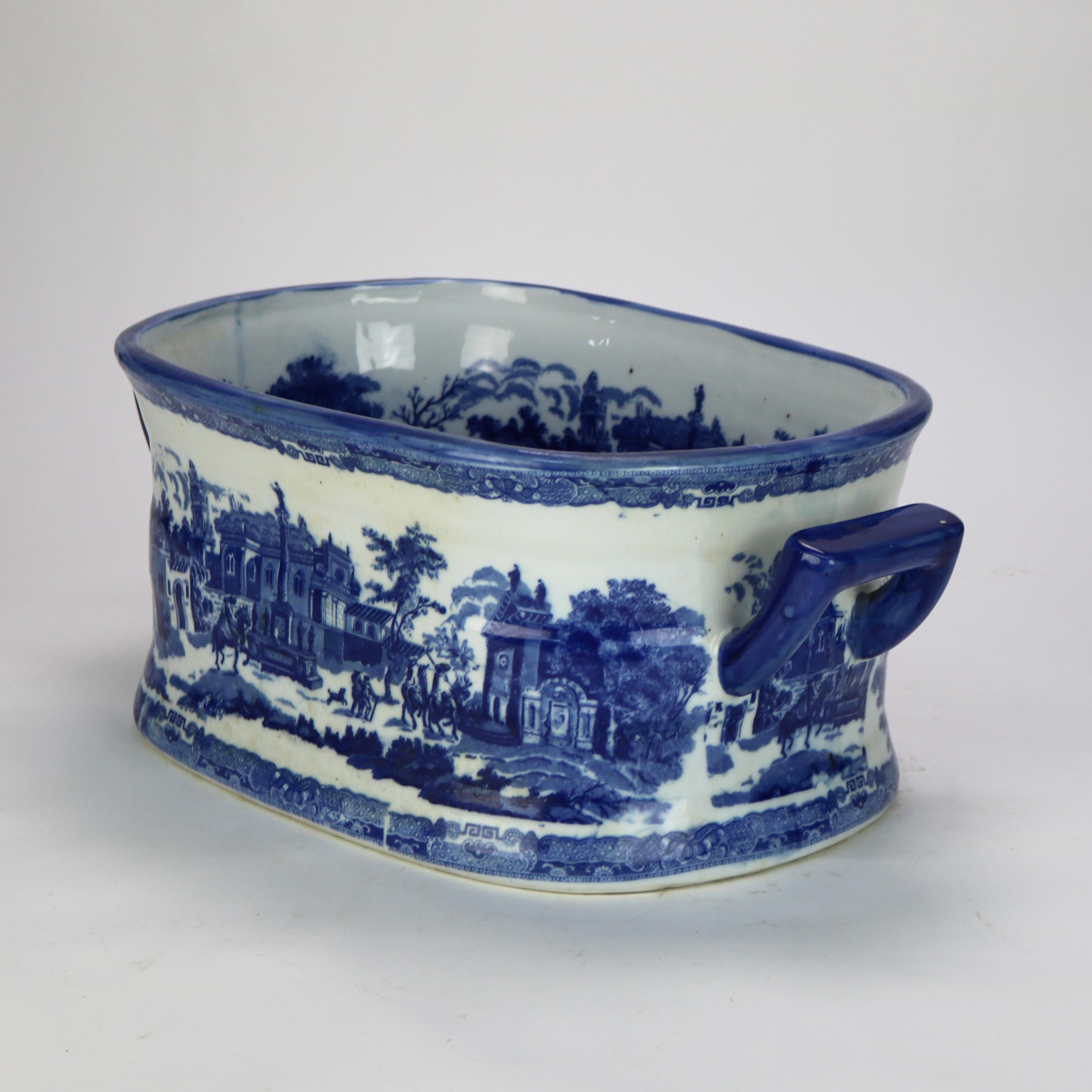 19th Century Antique English Staffordshire Flow Blue Pottery Double Handled Basin C1860
