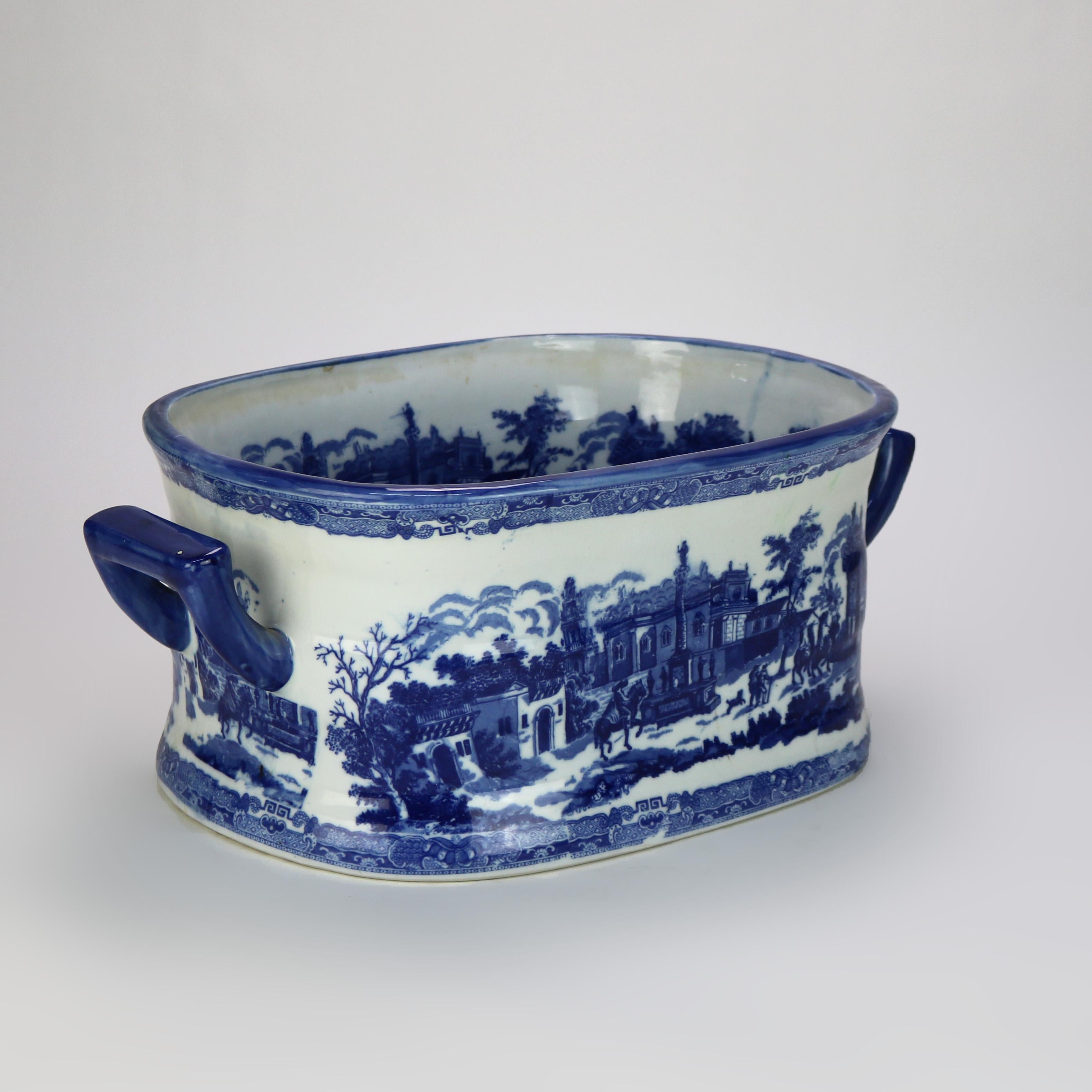 Antique English Staffordshire Flow Blue Pottery Double Handled Basin C1860 1