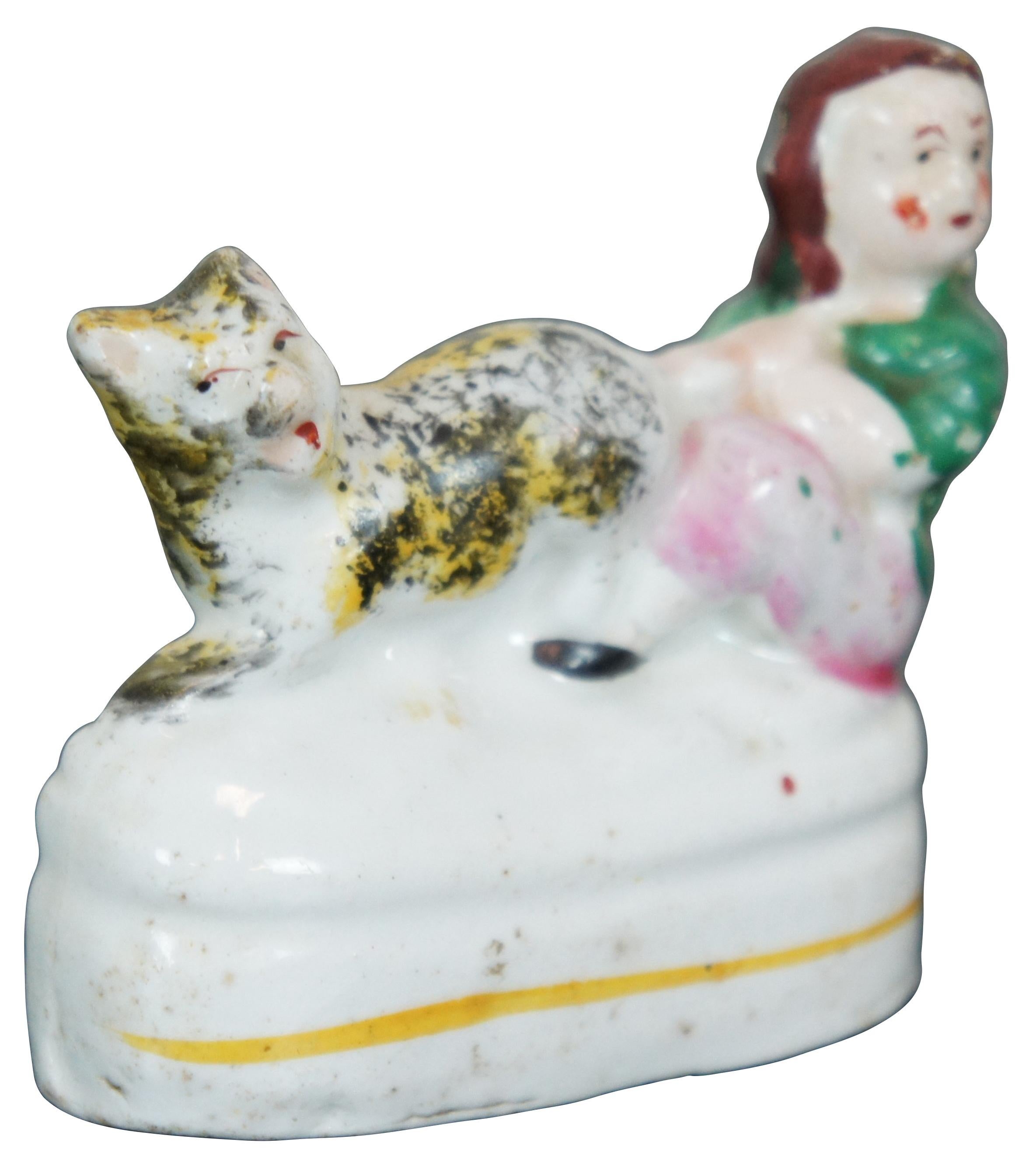 Victorian Antique English Staffordshire Porcelain Fairing Figurine Girl Pulling Cats Tail