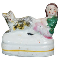 Antique English Staffordshire Porcelain Fairing Figurine Girl Pulling Cats Tail