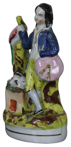 Antique English Staffordshire Porcelain Figurine Boy with Rabbit Pheasant 6”