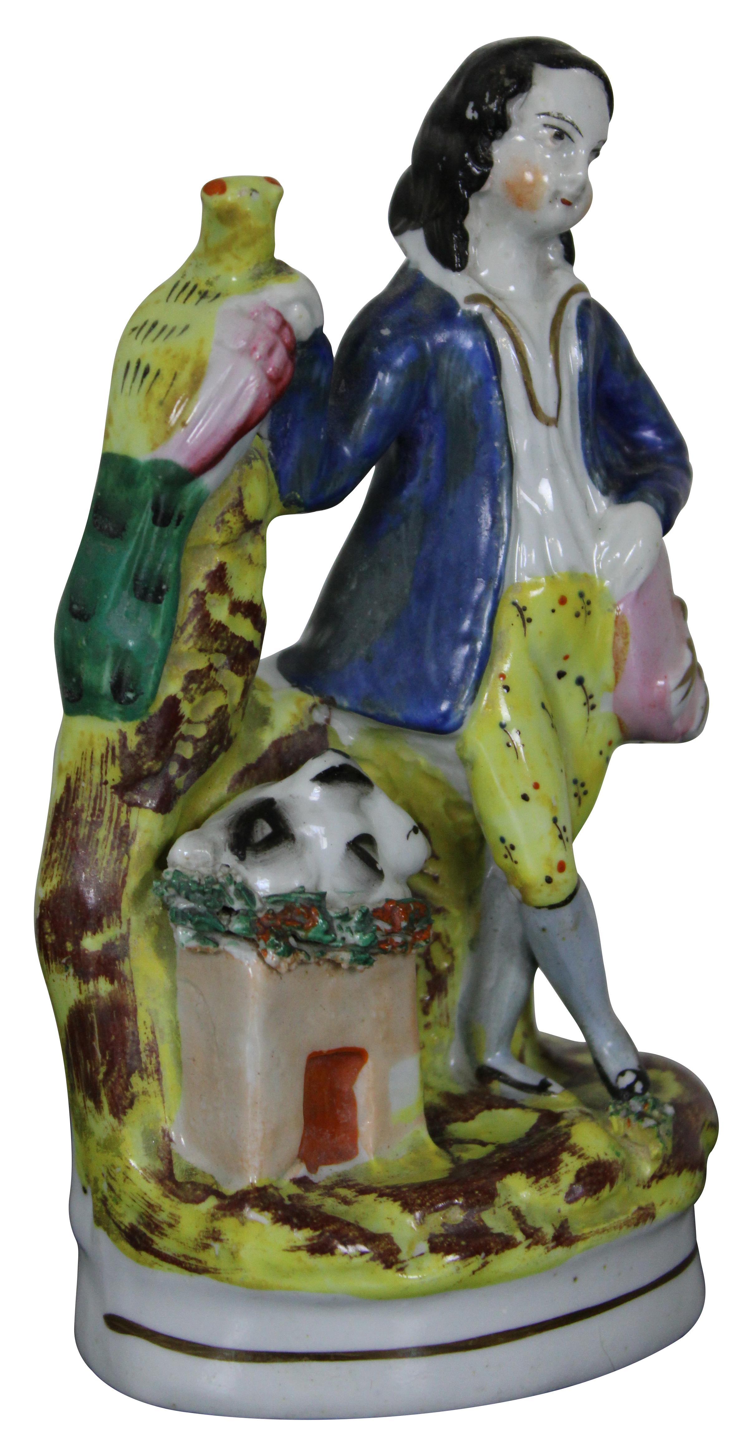 British Colonial Antique English Staffordshire Porcelain Figurine Boy with Rabbit Pheasant 6”