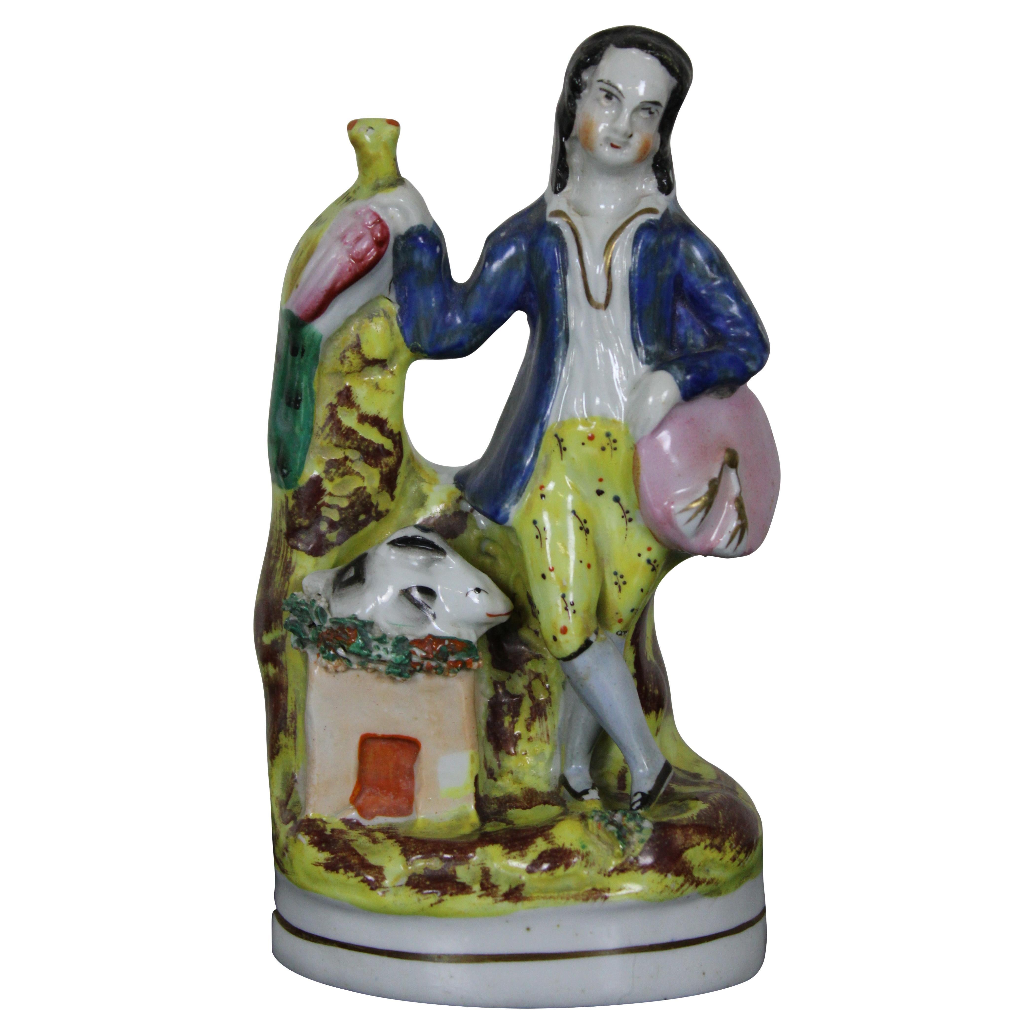 Antique English Staffordshire Porcelain Figurine Boy with Rabbit Pheasant 6”