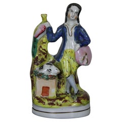 Antique English Staffordshire Porcelain Figurine Boy with Rabbit Pheasant 6”