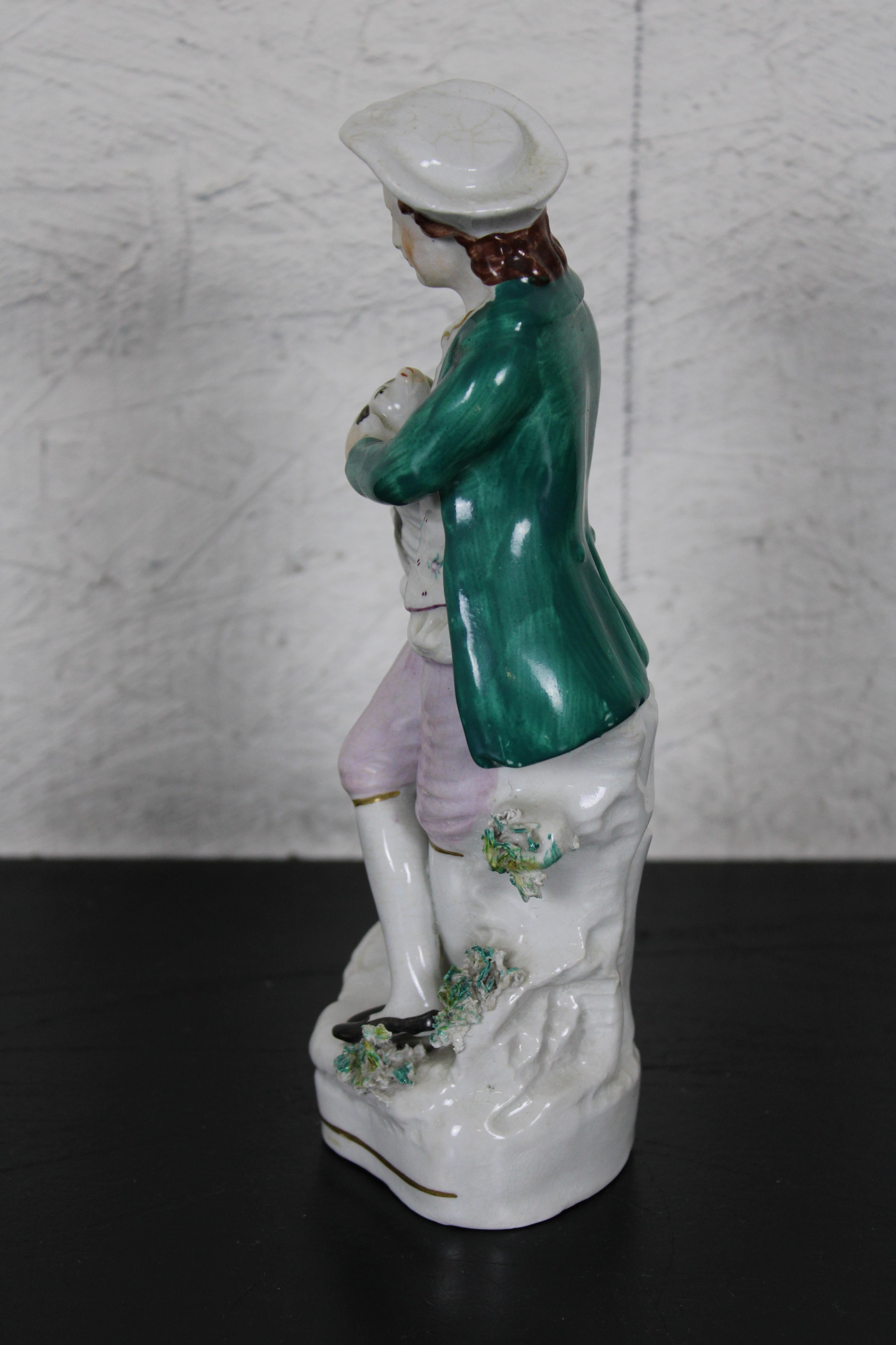 Antique English Staffordshire Porcelain Figurine Man with Spotted Dog In Good Condition In Dayton, OH