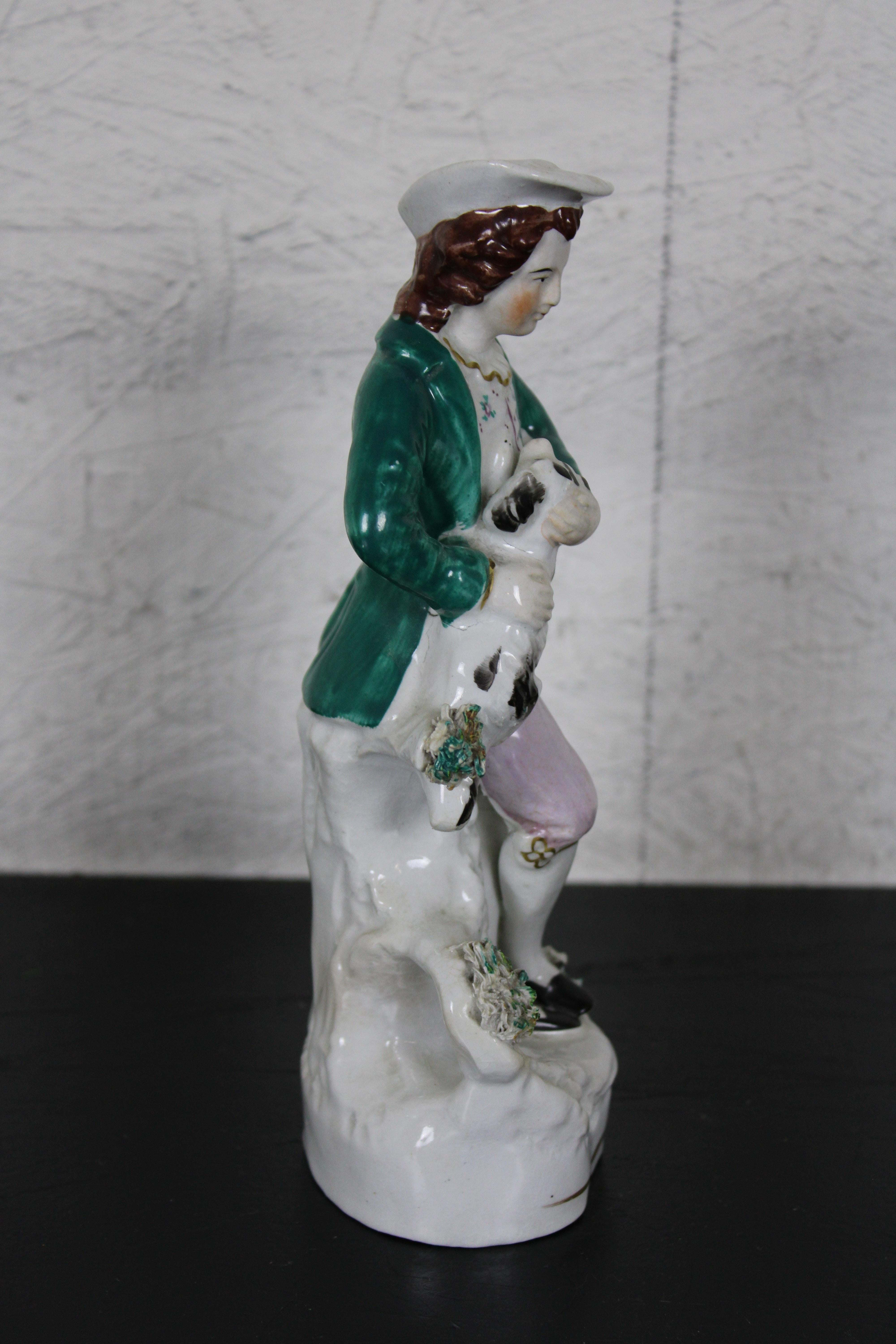 19th Century Antique English Staffordshire Porcelain Figurine Man with Spotted Dog