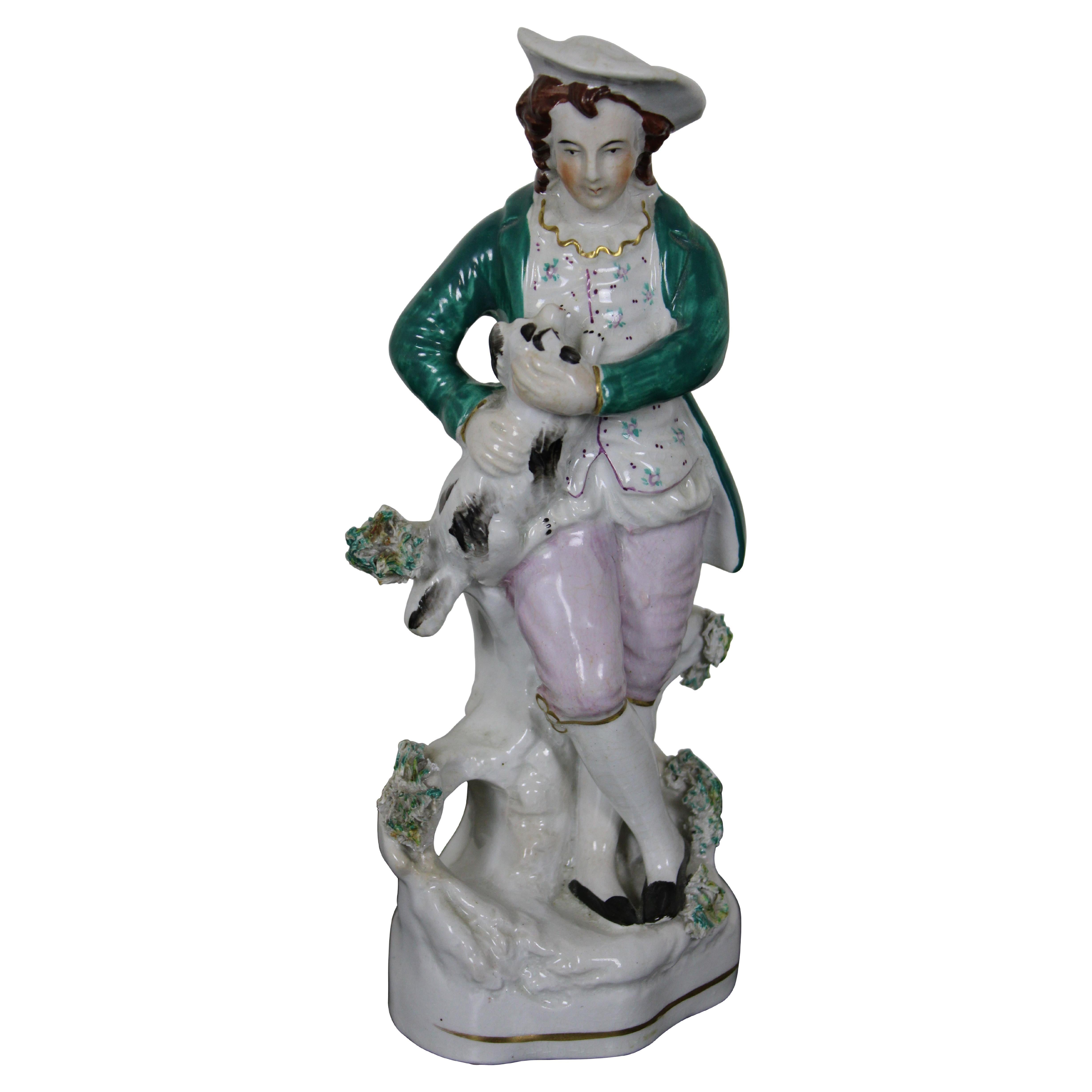 Antique English Staffordshire Porcelain Figurine Man with Spotted Dog