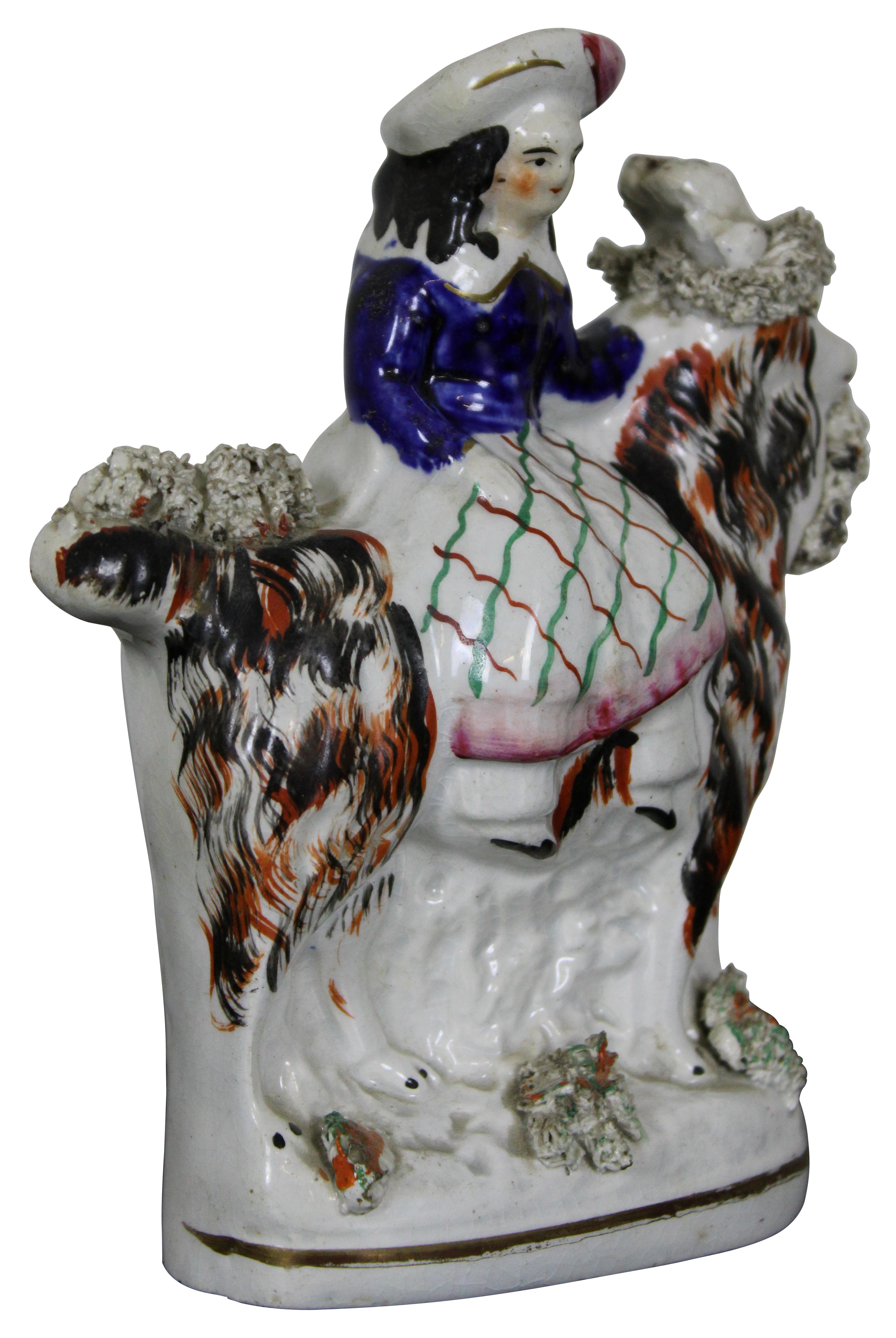 Victorian Antique English Staffordshire Porcelain Figurine Scottish Girl Riding Goat For Sale