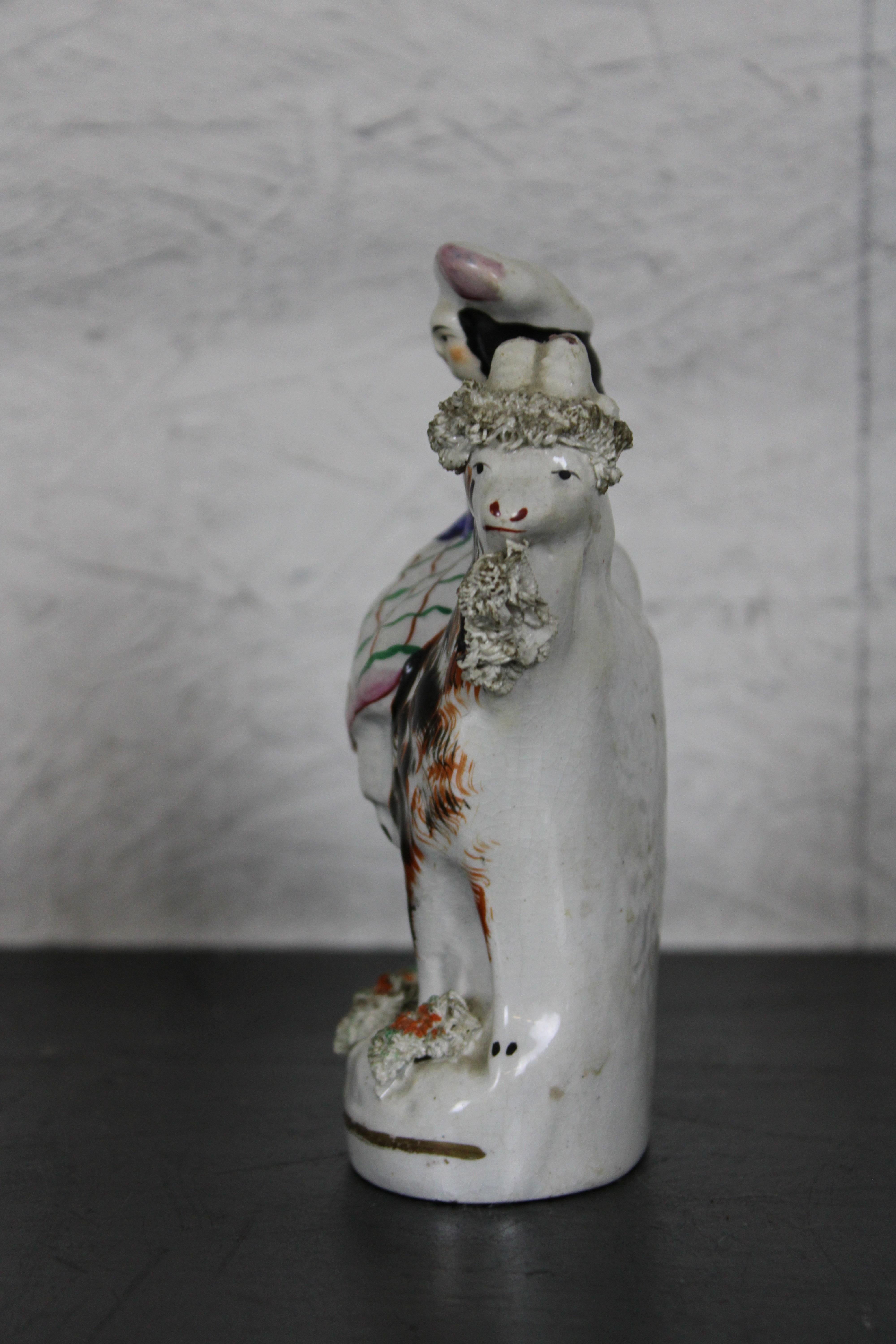 Antique English Staffordshire Porcelain Figurine Scottish Girl Riding Goat In Good Condition For Sale In Dayton, OH