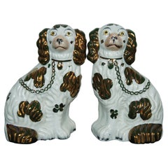 Antique English Staffordshire Porcelain Lustreware King Charles Spaniel Dogs 10"